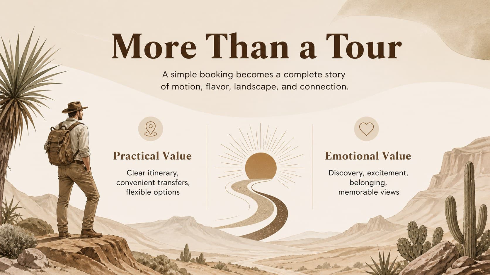 Value proposition slide explaining the emotional and practical benefits of a Dubai desert safari.