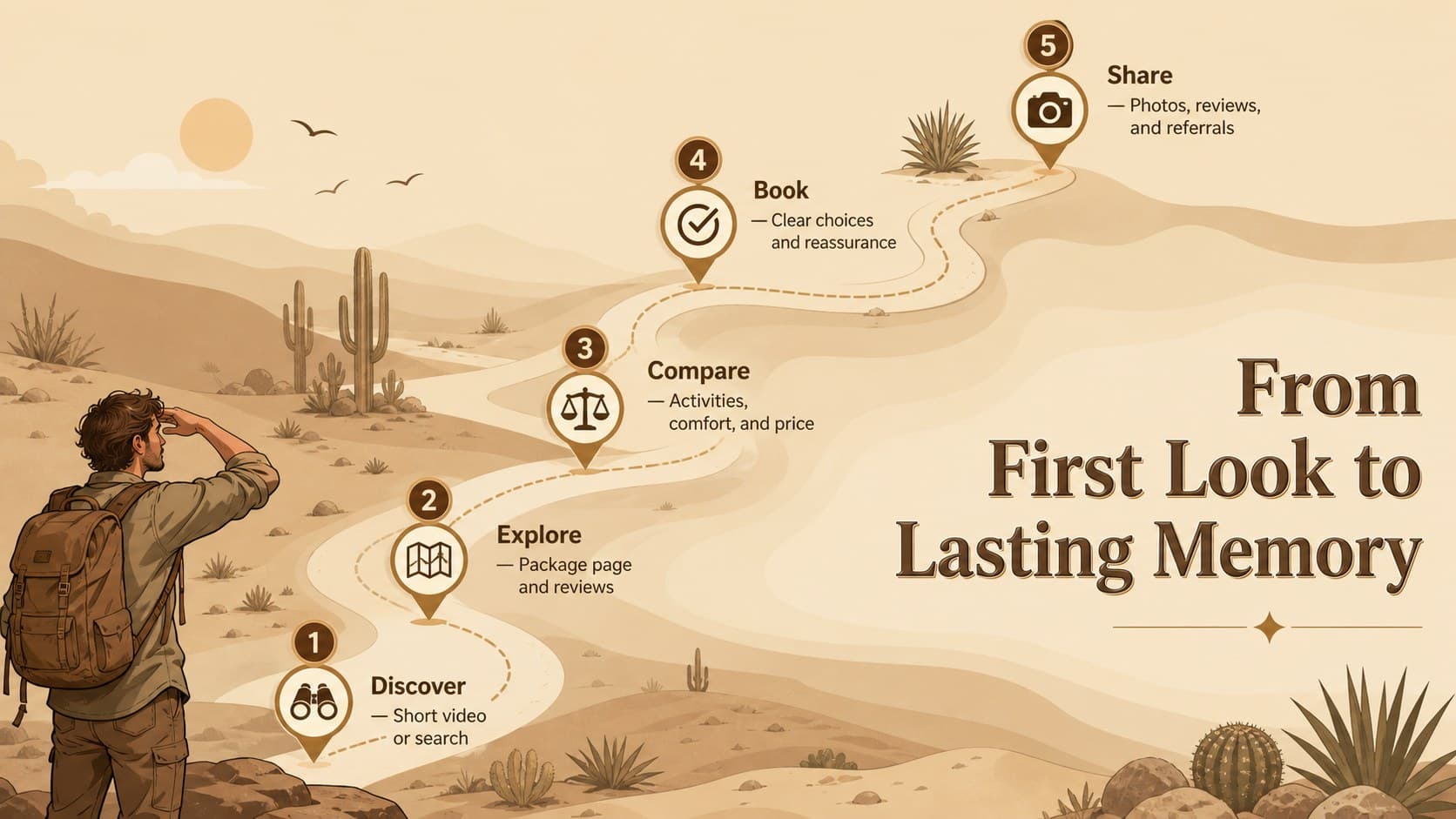 Customer journey map for a desert tour marketing presentation from discovery through advocacy.