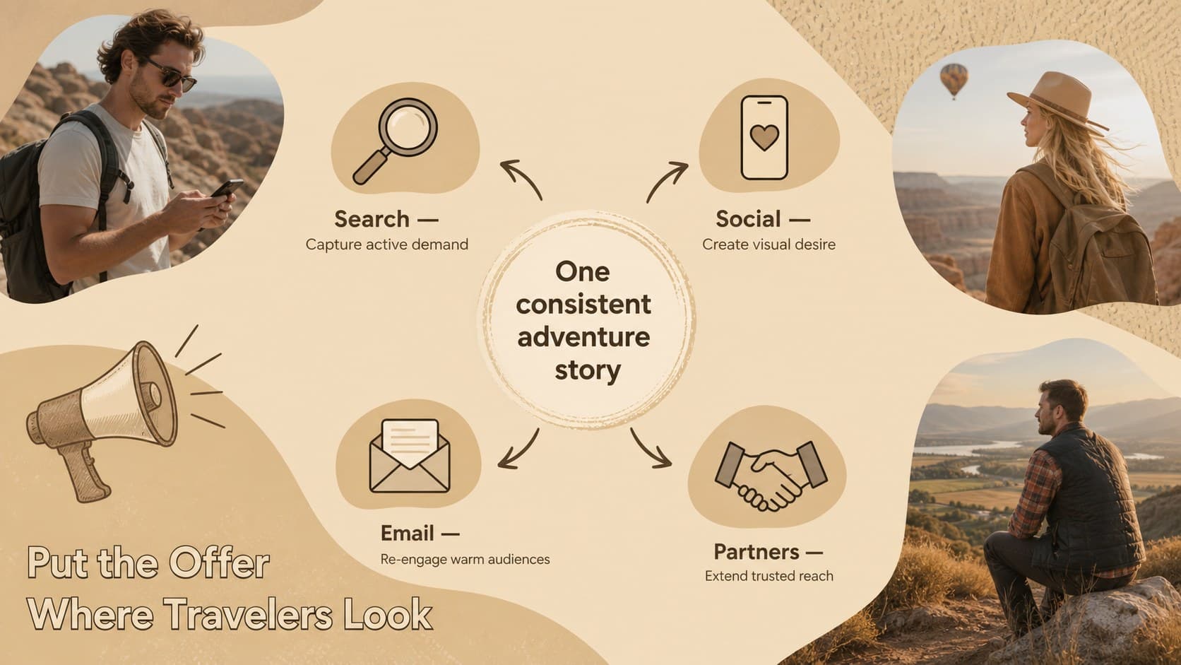 Promotional channel mix slide for travel agency promotion slides using search, social, email, and partnerships.