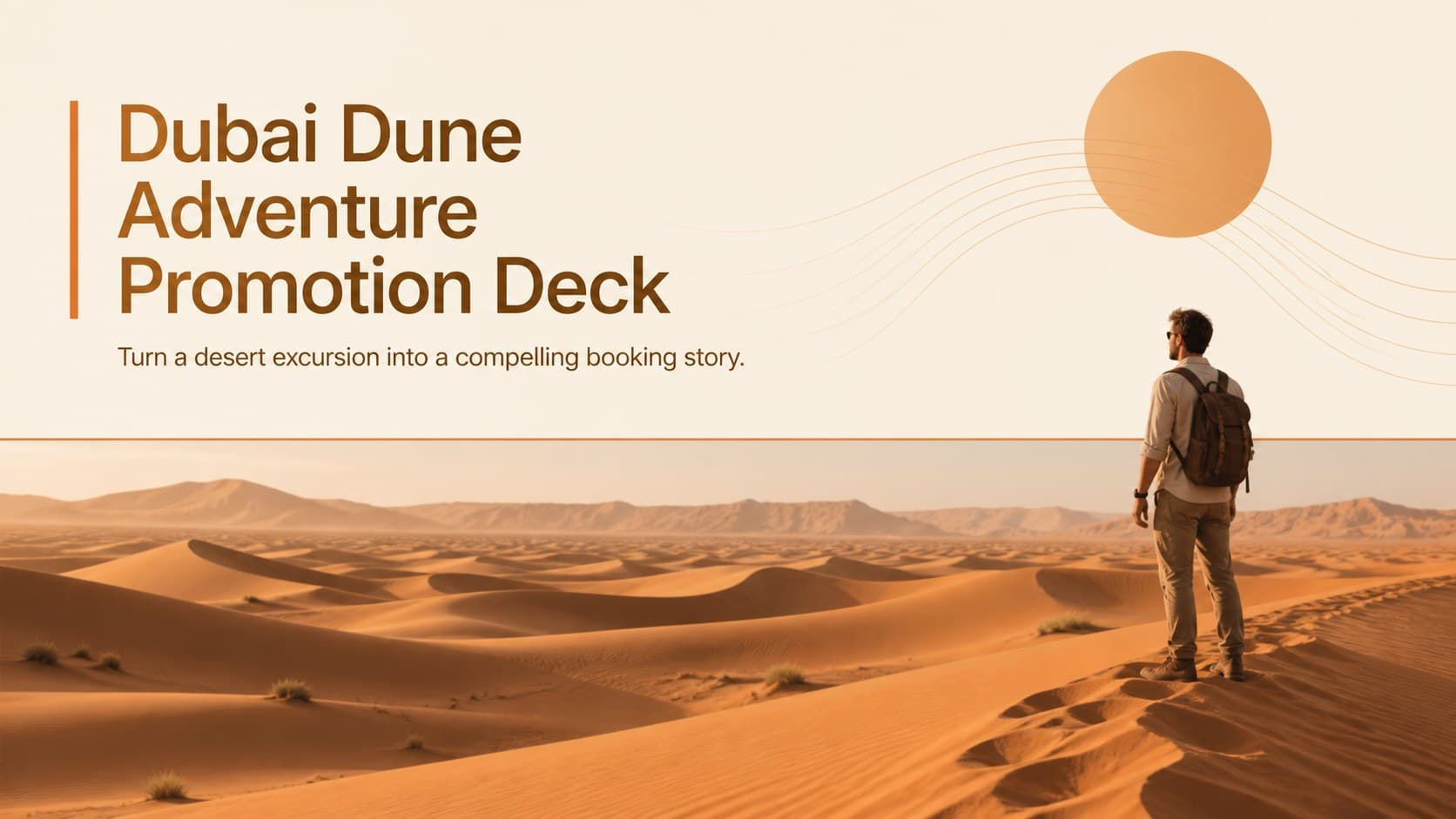 Cover of the Dubai Dune Adventure Promotion Deck with a sunlit desert image and modern orange and brown typography.