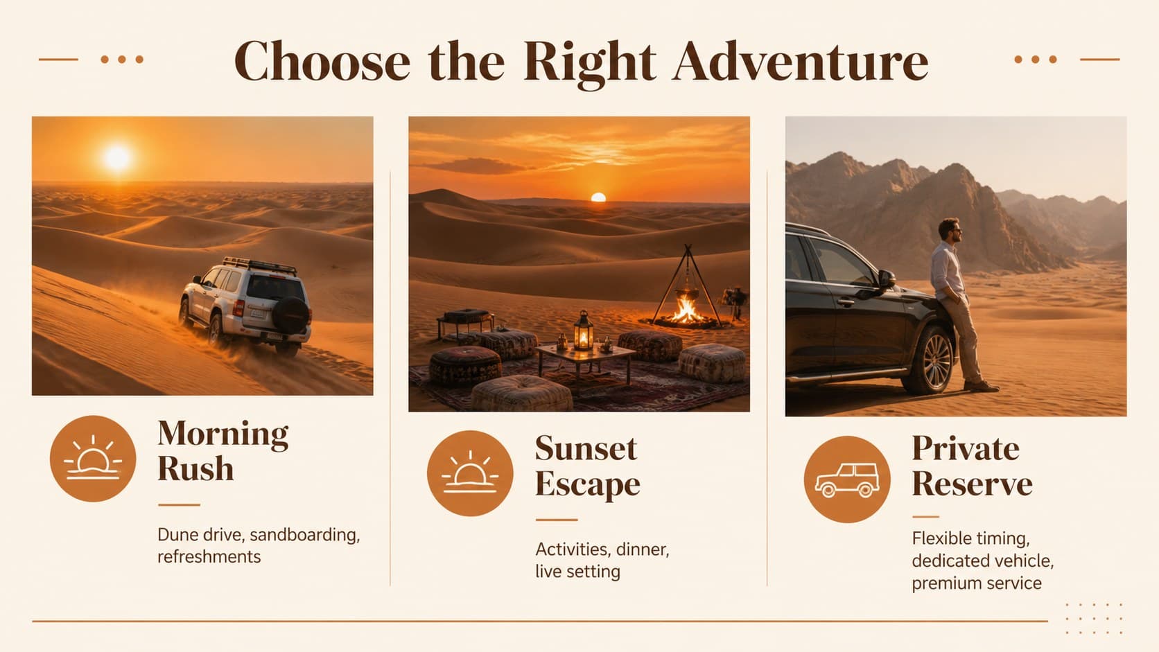 Three-column comparison of morning, sunset, and private Dubai dune adventure packages.