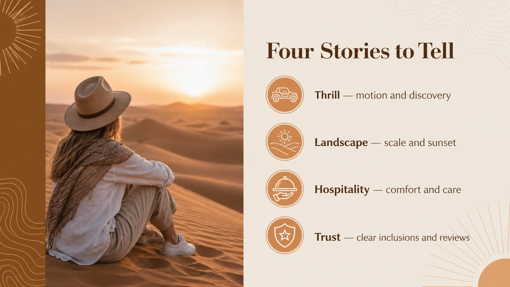 Content strategy slide with thrill, landscape, hospitality, and trust pillars for desert tour promotion.
