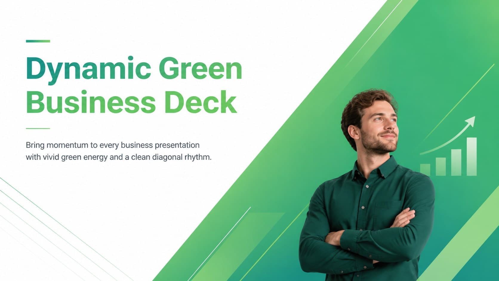 Cover slide for a dynamic green business deck with a bold diagonal composition and energetic gradient background.