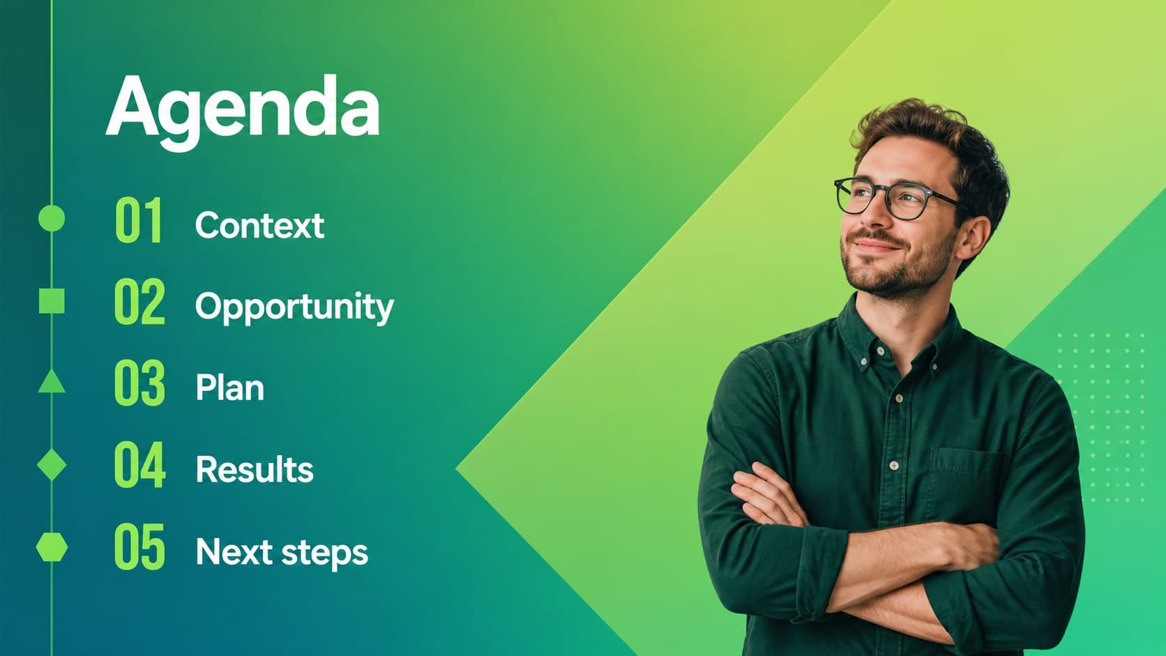 Agenda slide outlining the sections of a dynamic green business deck with numbered navigation items.