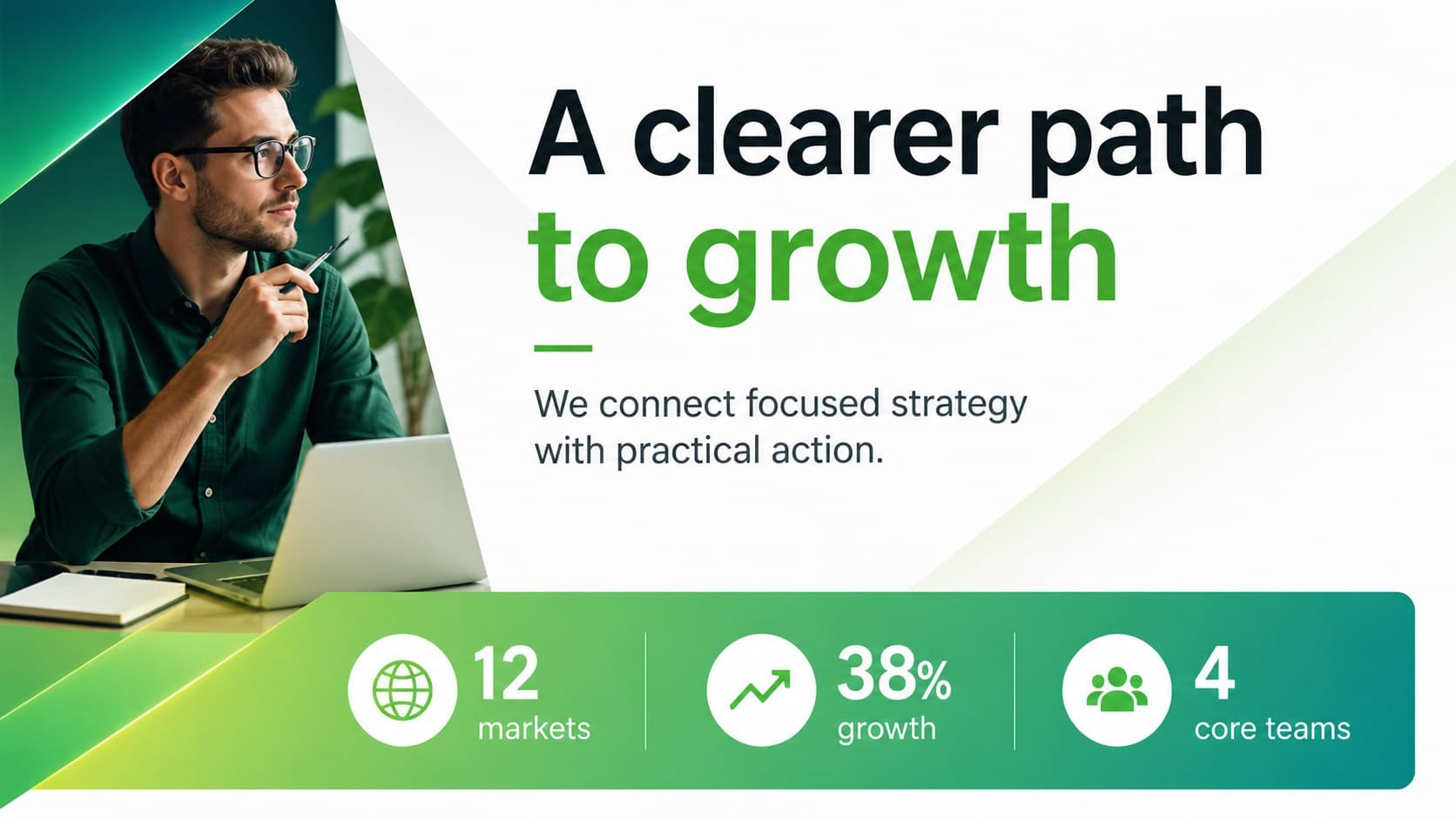 Company overview slide presenting a concise business introduction with green diagonal accents.