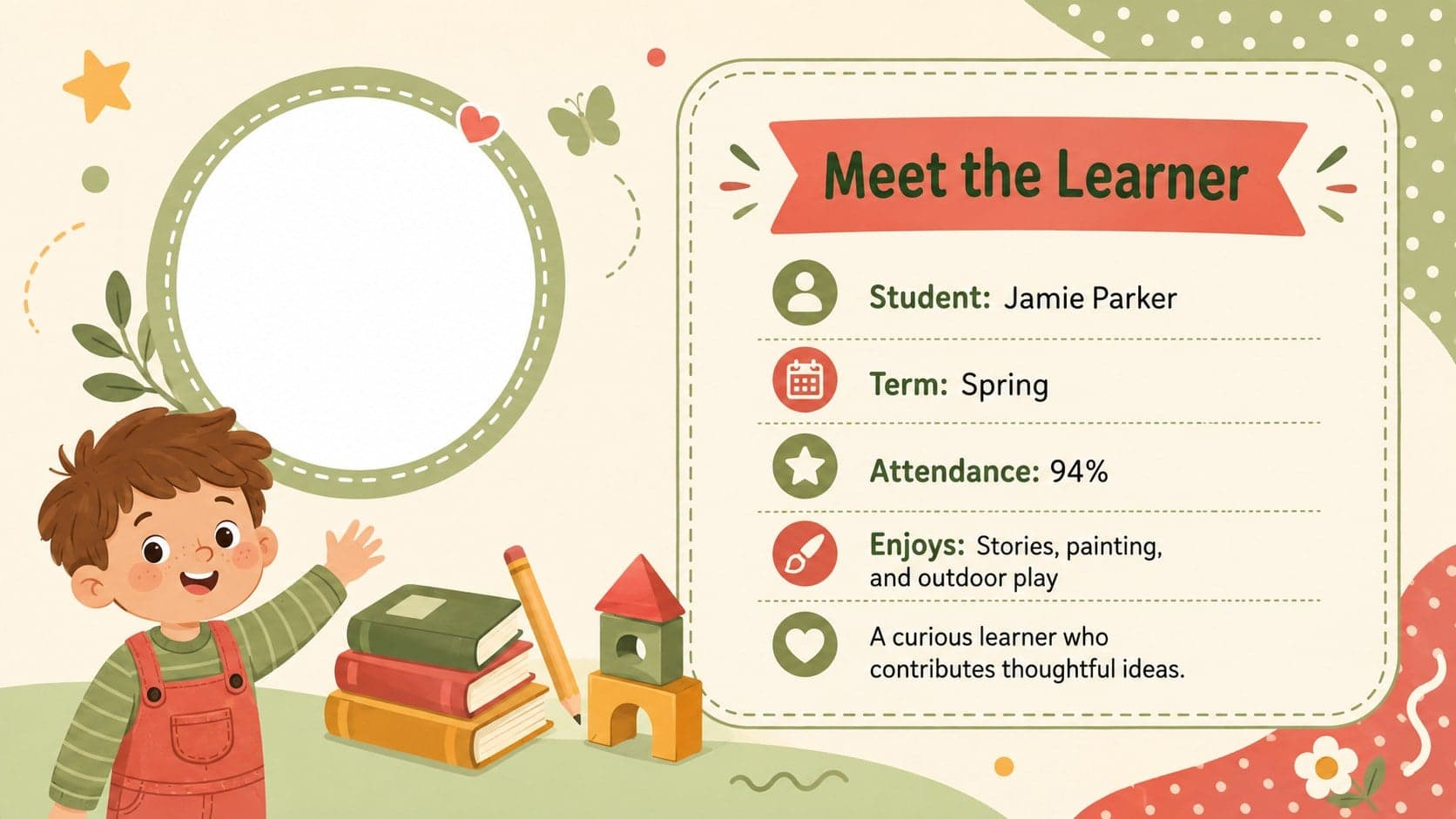 Preschool student profile slide showing attendance, interests, and early learning highlights.