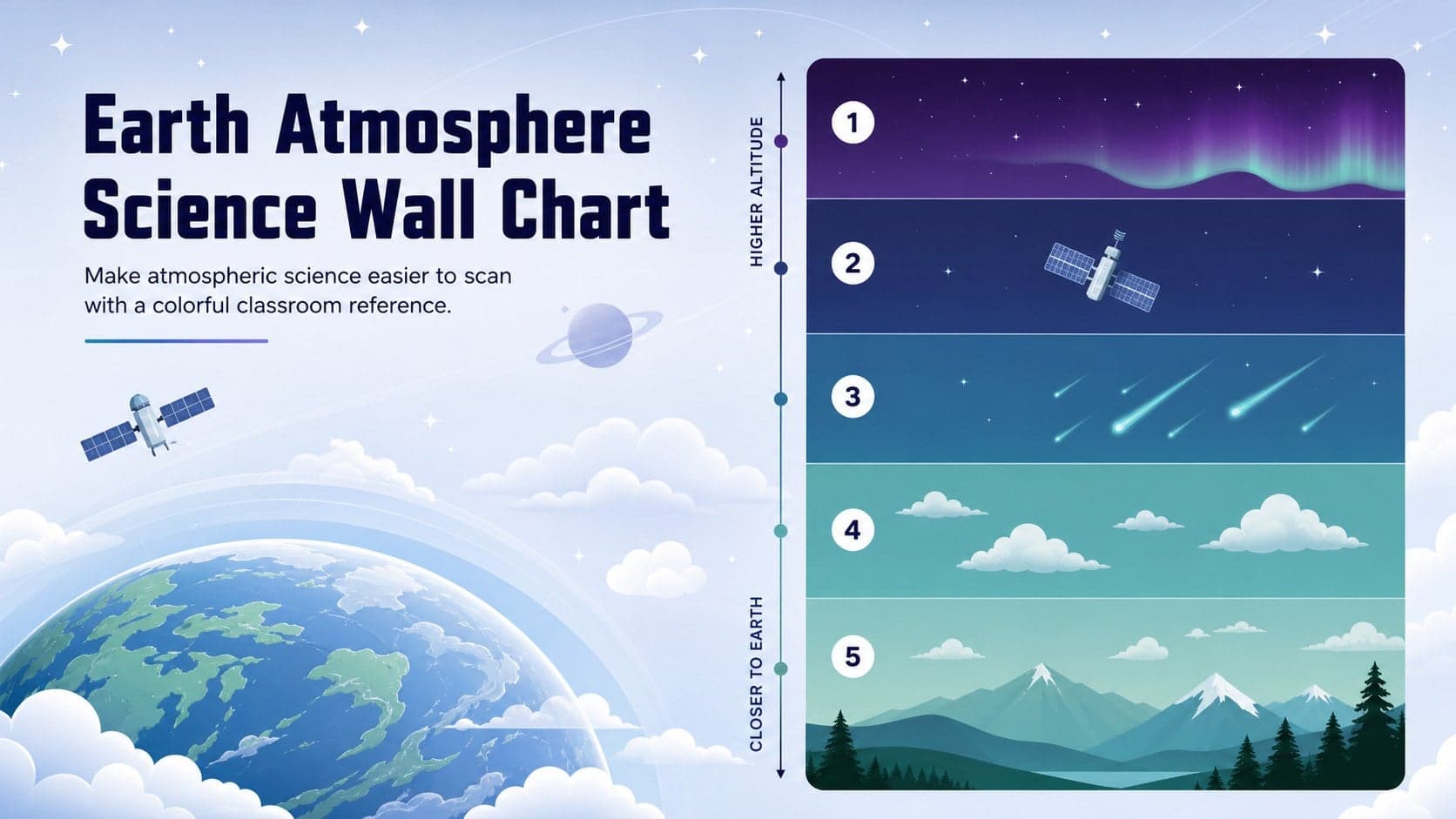 Cover slide presenting an earth atmosphere science wall chart with colorful atmospheric bands and a classroom-friendly space science design.