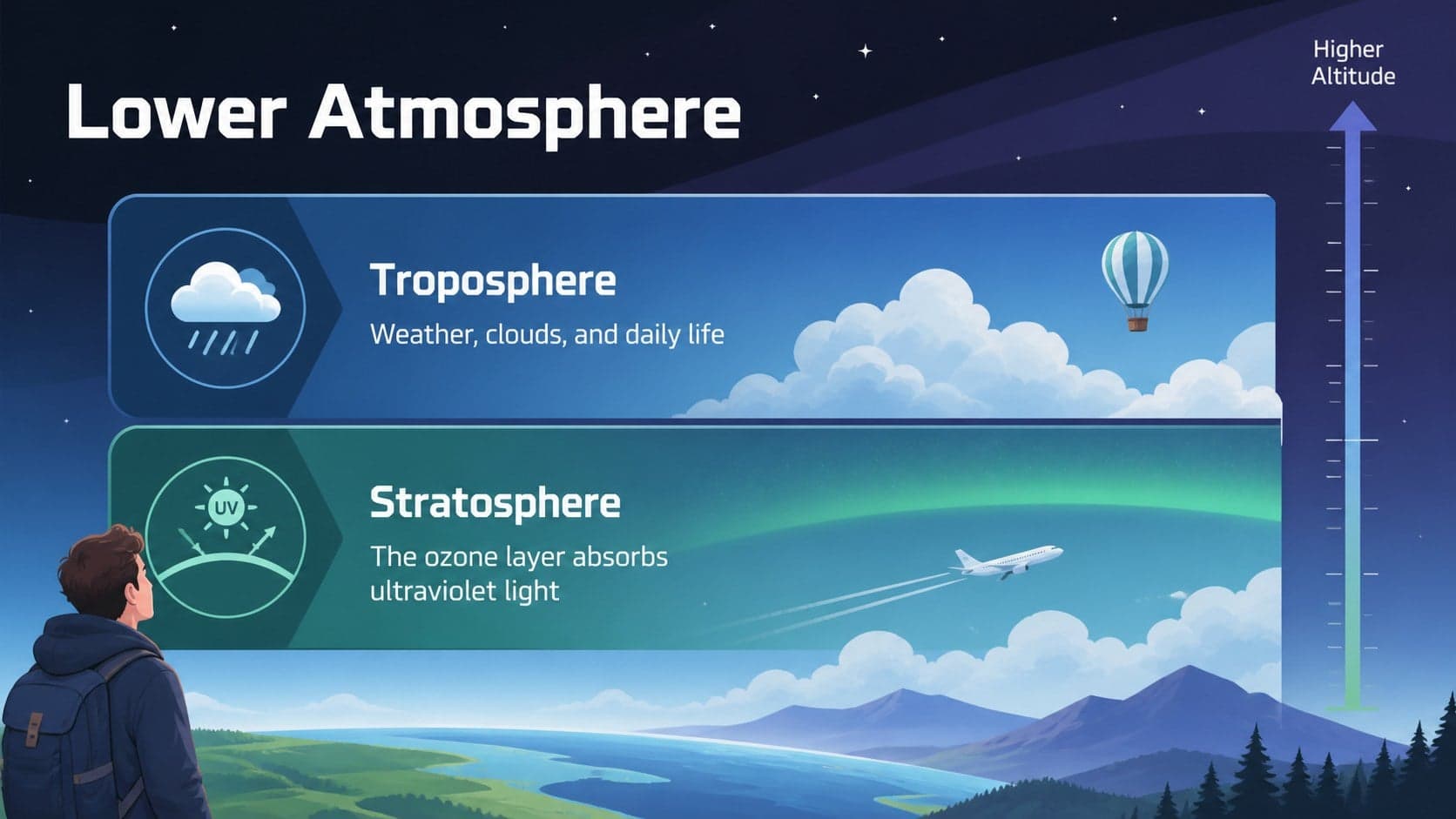 Educational slide showing the troposphere and stratosphere as labeled sections of an atmosphere layers classroom poster.