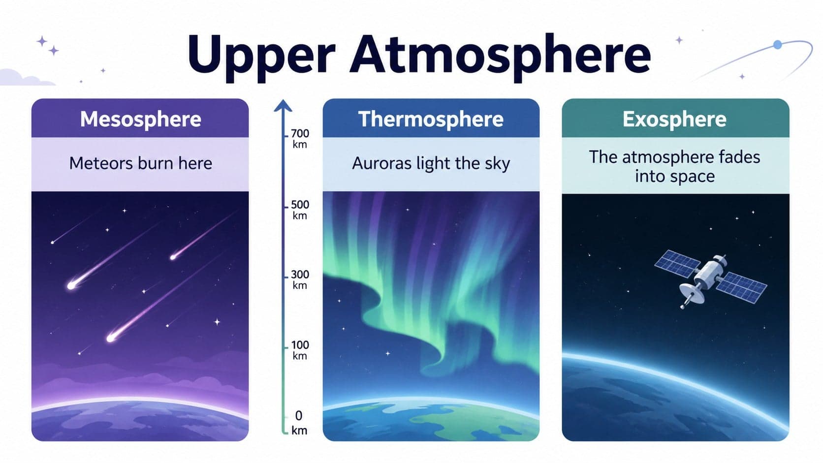 Atmosphere layers infographic slide comparing the mesosphere, thermosphere, and exosphere with colorful altitude markers.