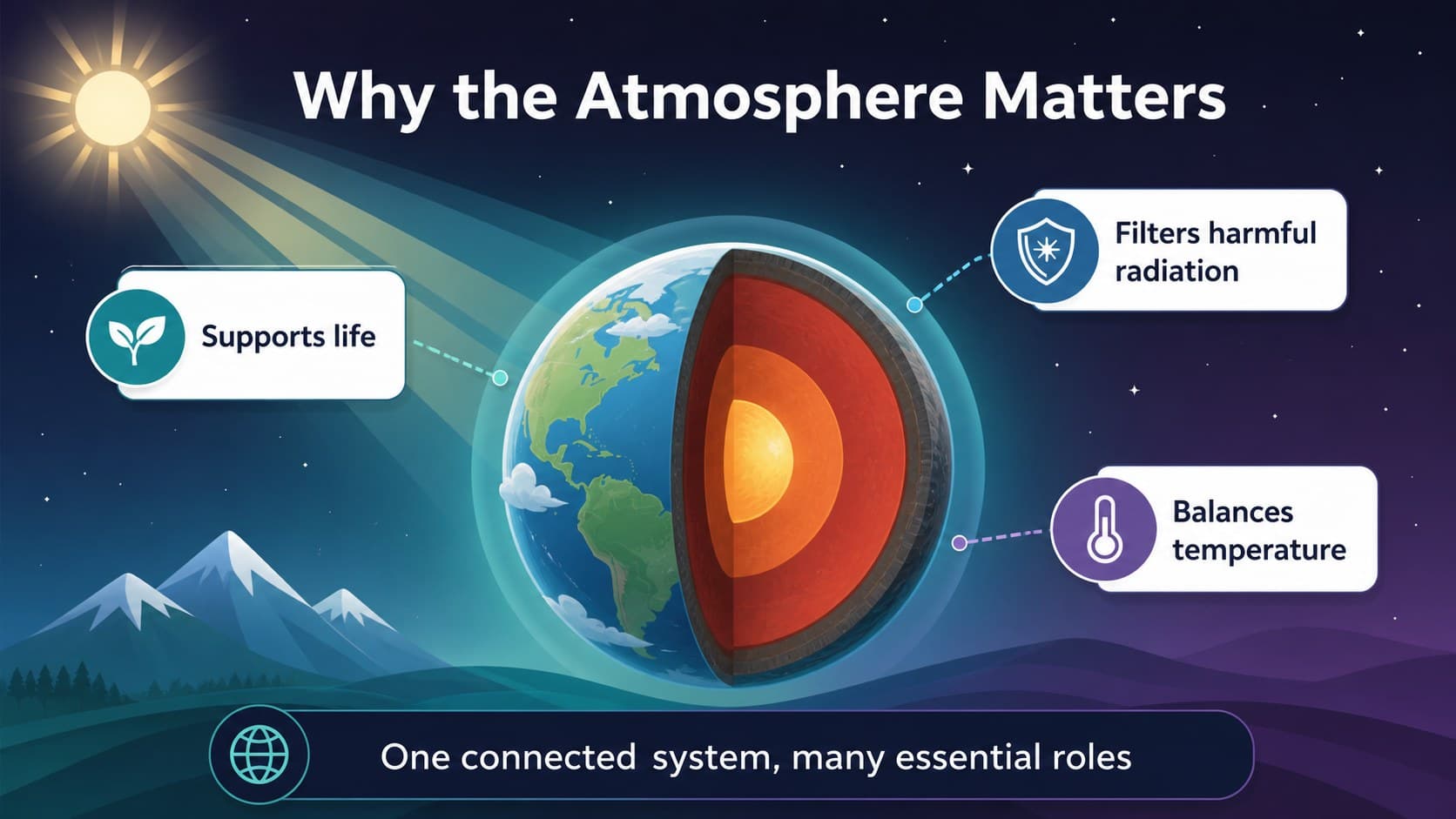 Classroom science slide explaining how atmospheric layers protect life on Earth through a colorful labeled diagram.
