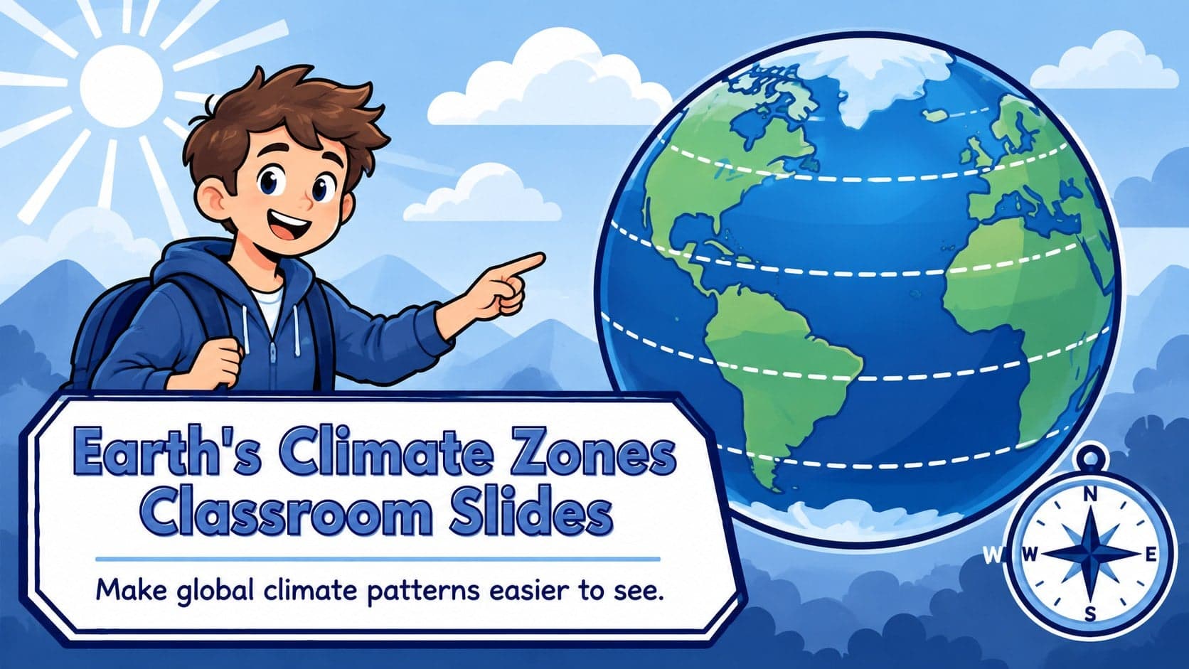 Cover for Earth's Climate Zones Classroom Slides featuring a stylized globe and blue latitude bands.