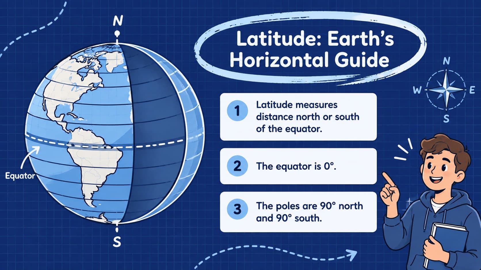 Latitude basics diagram showing the equator, hemispheres, and lines of latitude on Earth.