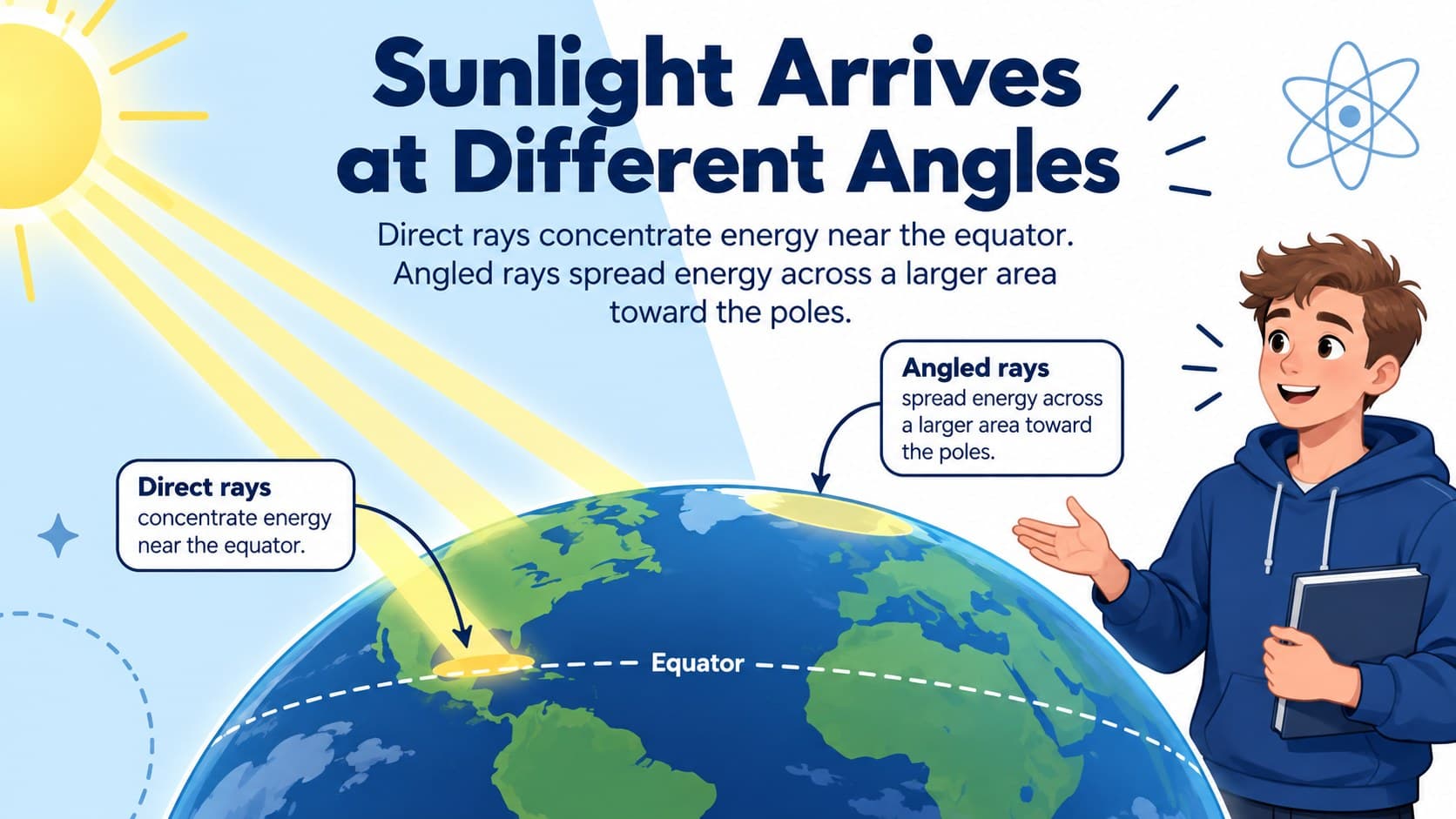 Earth science diagram comparing direct and angled sunlight at different latitudes.