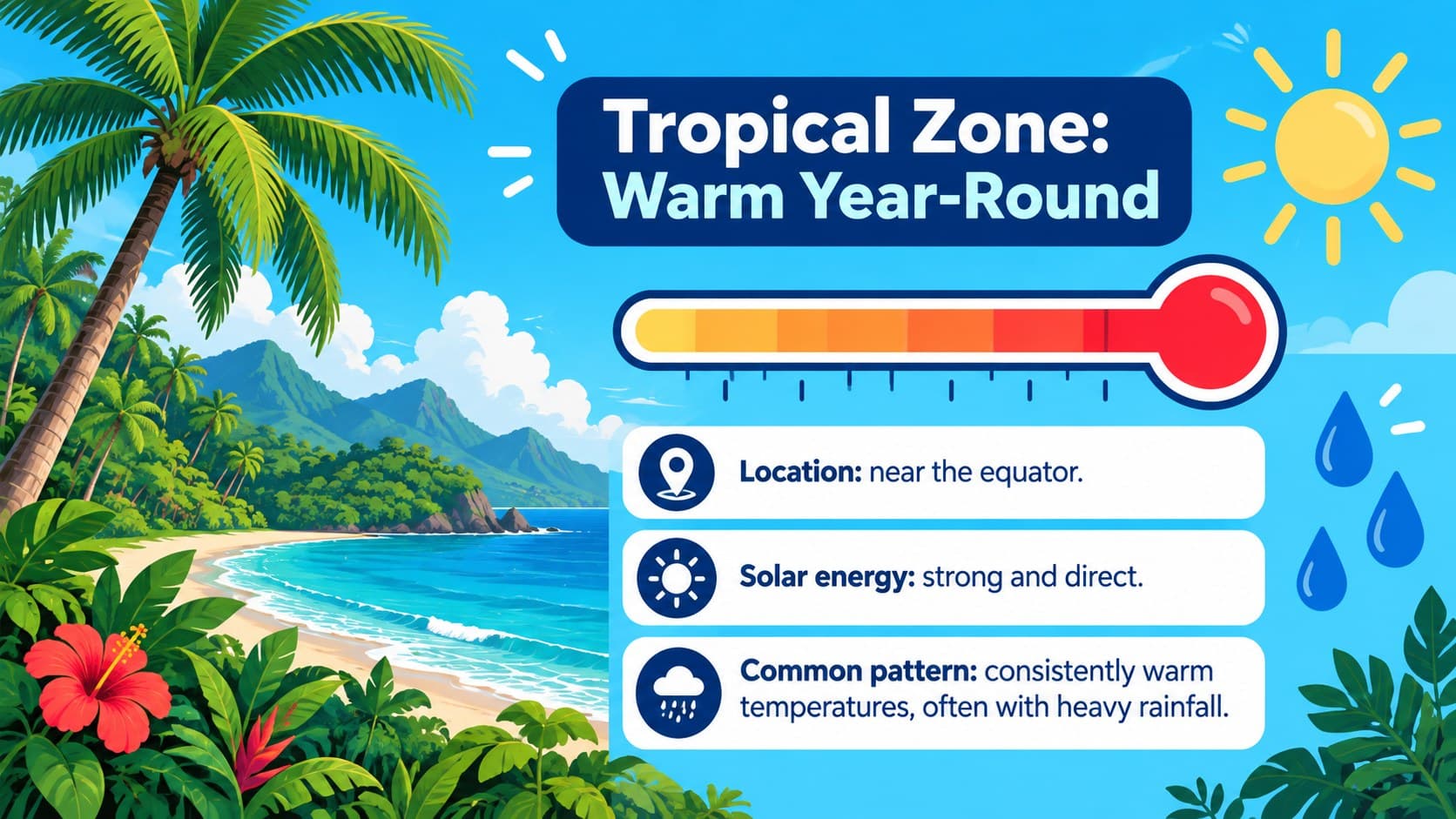 Tropical climate profile with equatorial rainfall, heat, and ecosystem visuals.