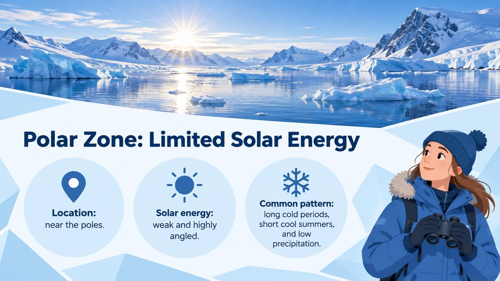 Polar climate zone slide explaining low-angle sunlight and cold conditions near the poles.