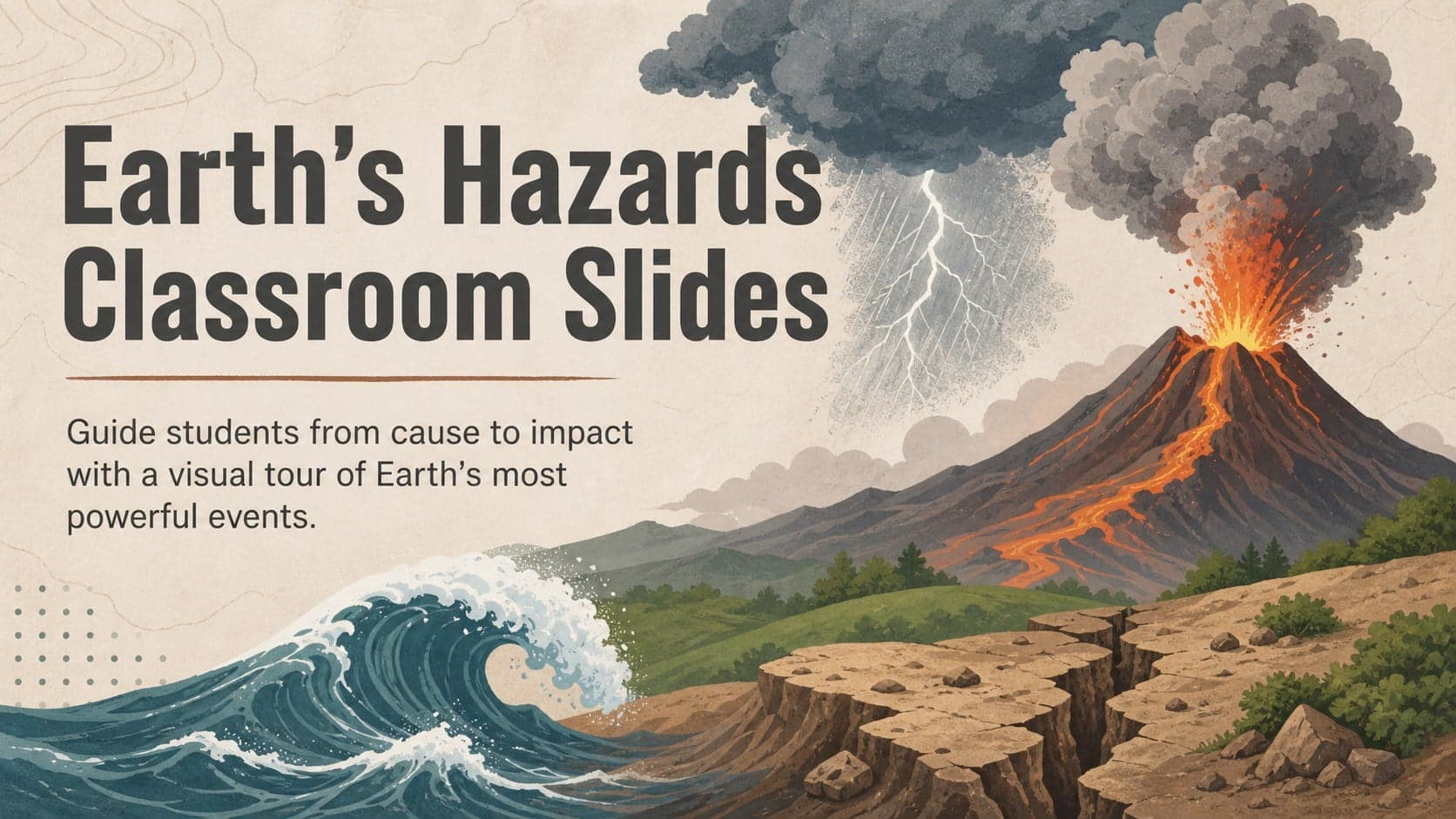 Cover for Earth's Hazards Classroom Slides with illustrated geological and weather events.