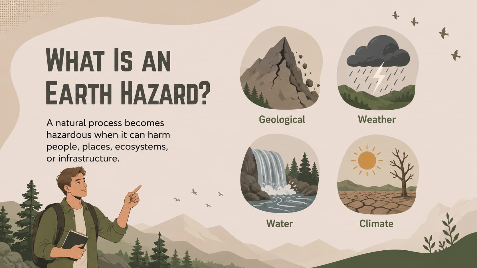 Earth science overview slide introducing geological, weather, water, and climate hazards.