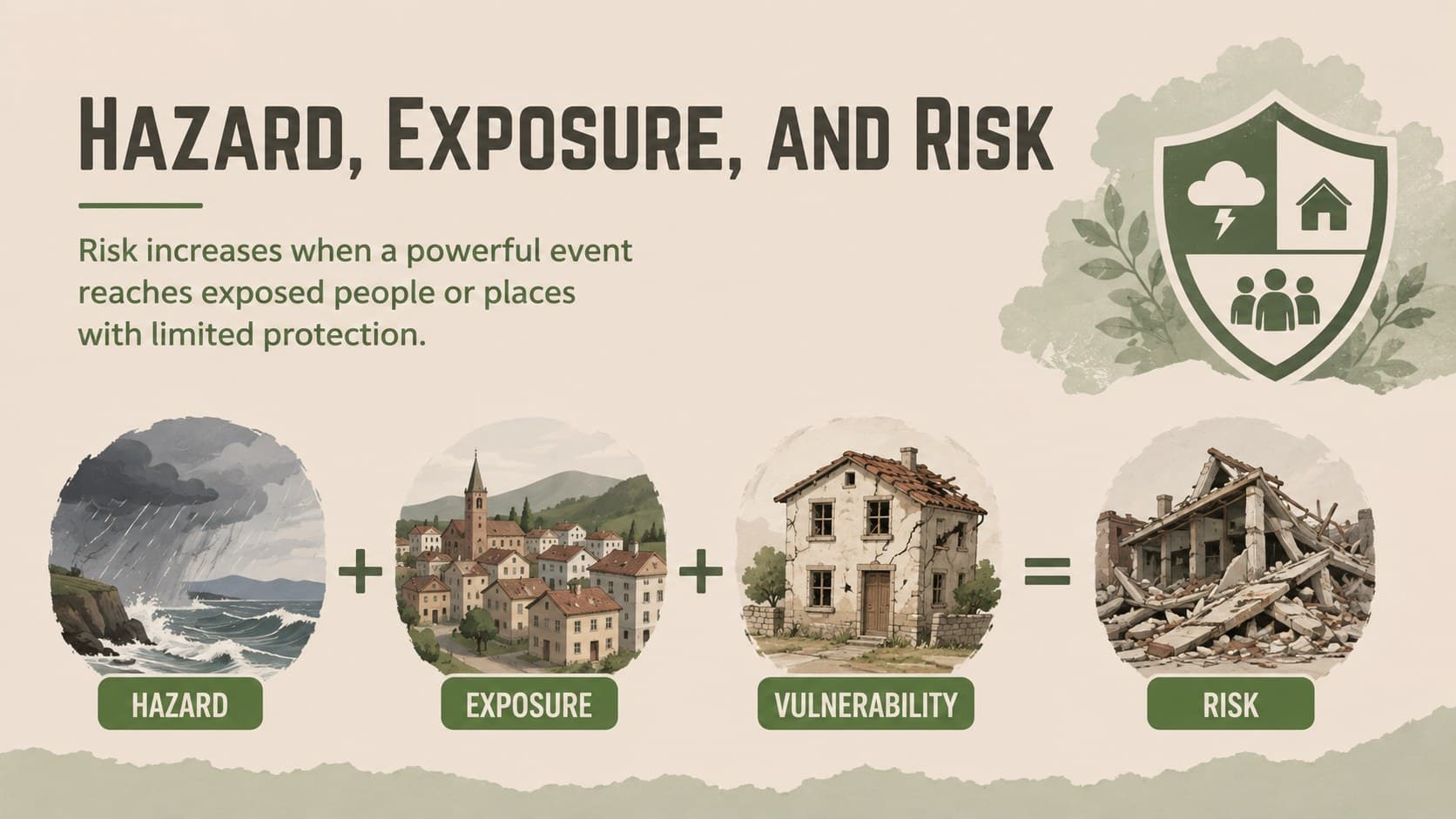 Natural disaster science slide explaining the relationship between hazards, exposure, and vulnerability.
