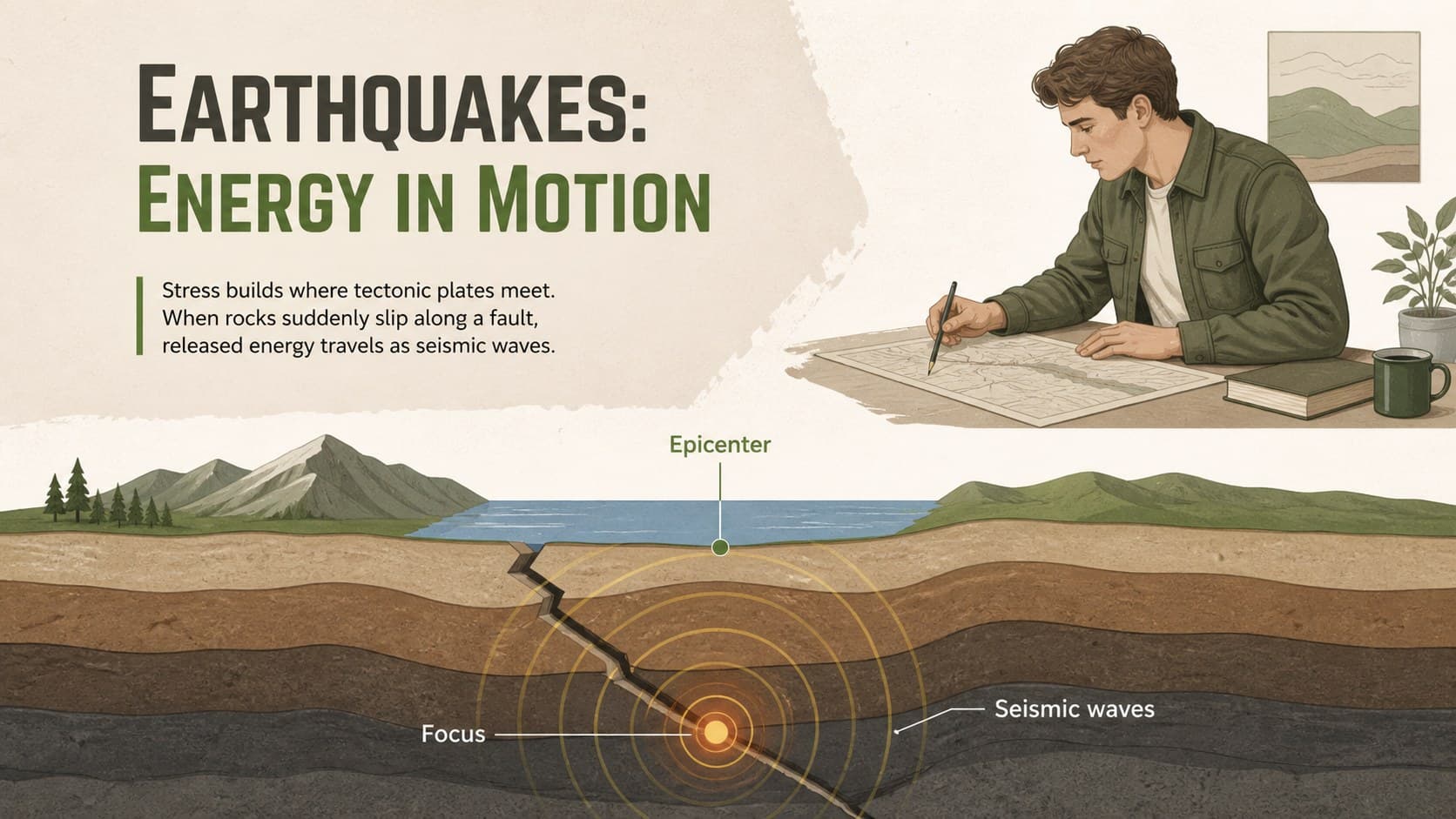 Earthquake classroom slide showing tectonic plate movement and ground shaking.