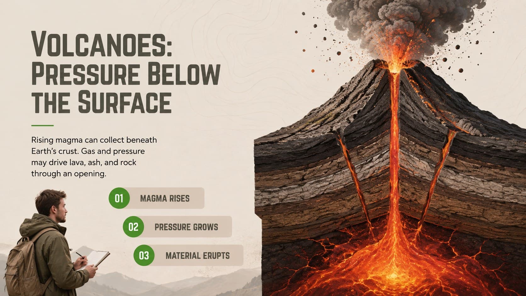 Geoscience lesson slide illustrating how volcanic eruptions form and affect nearby areas.