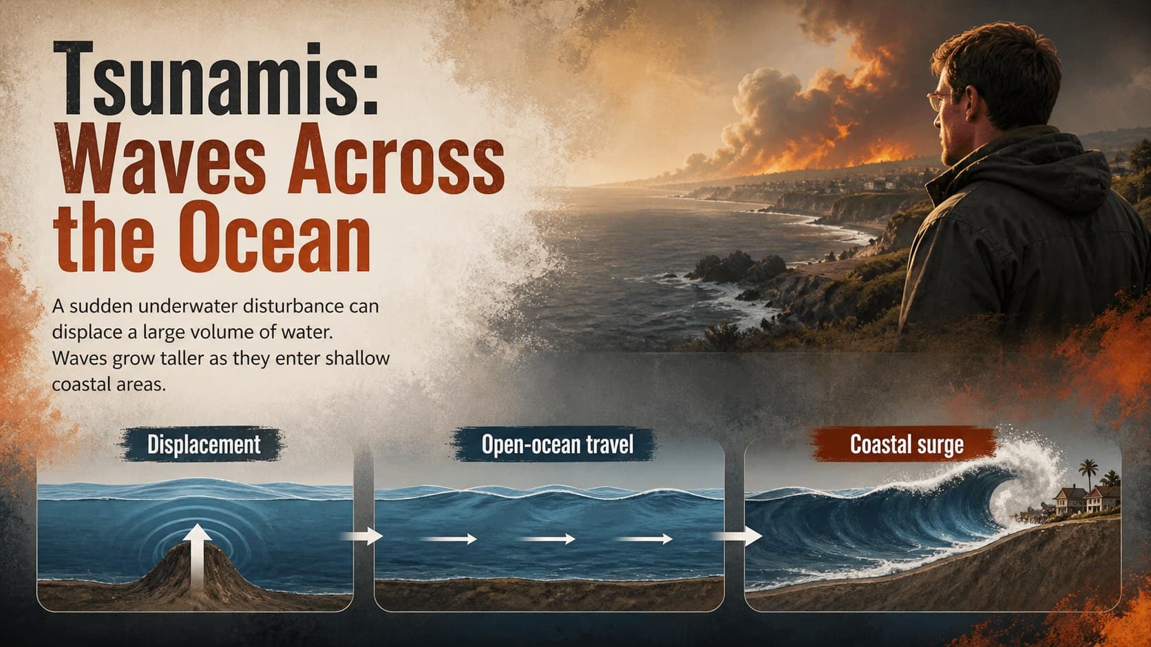 Tsunami education slide tracing an underwater disturbance from wave formation to coastal impact.