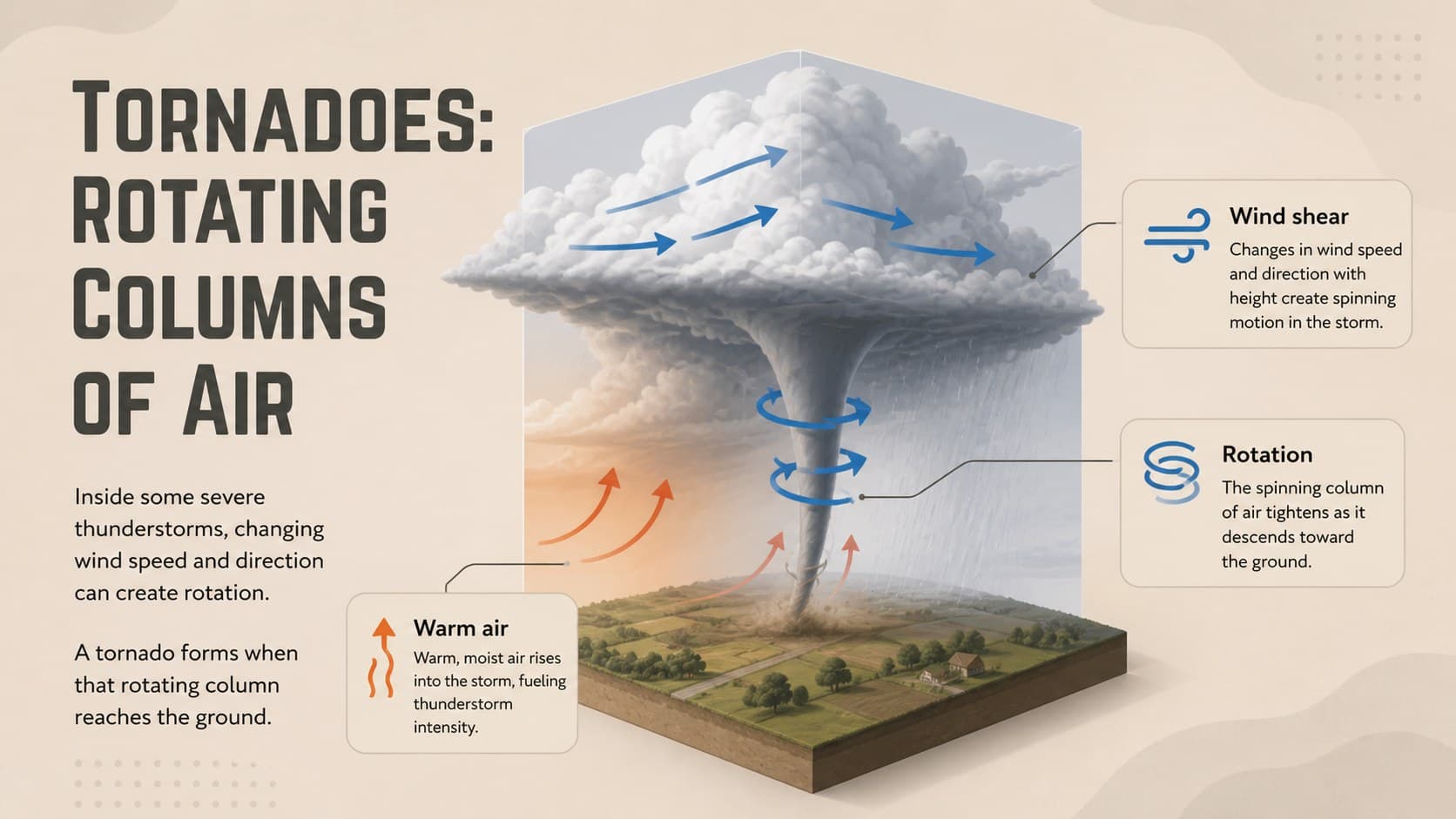 Weather hazards lesson slide describing tornado formation inside severe thunderstorms.
