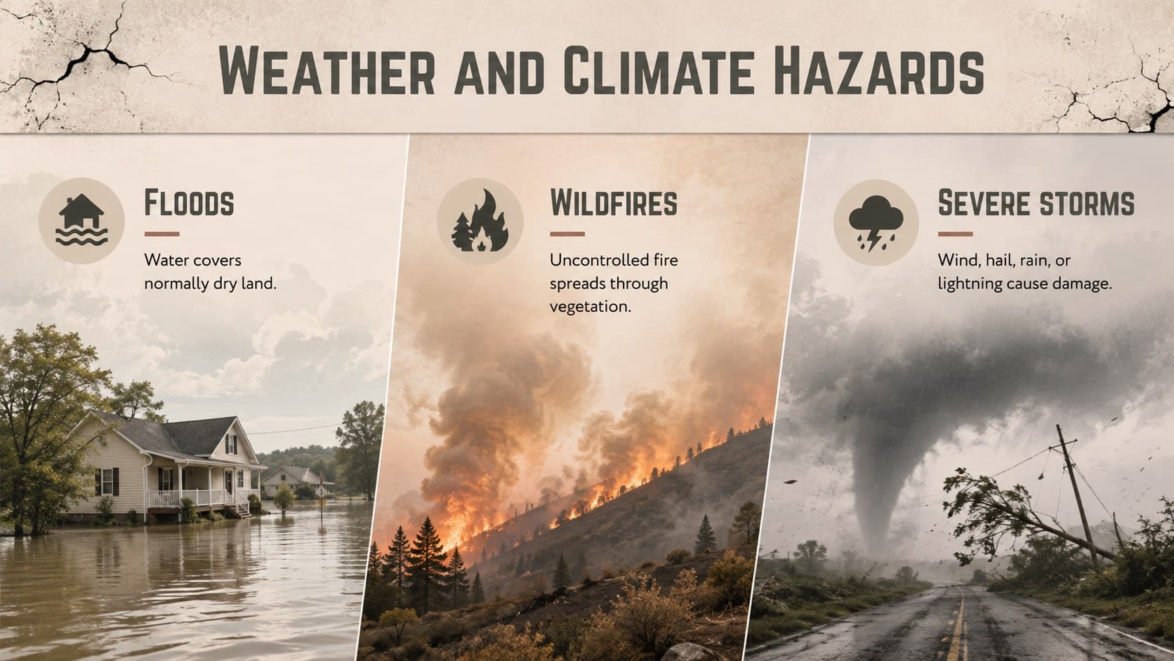 Natural hazards comparison slide contrasting floods, wildfires, and severe storms.