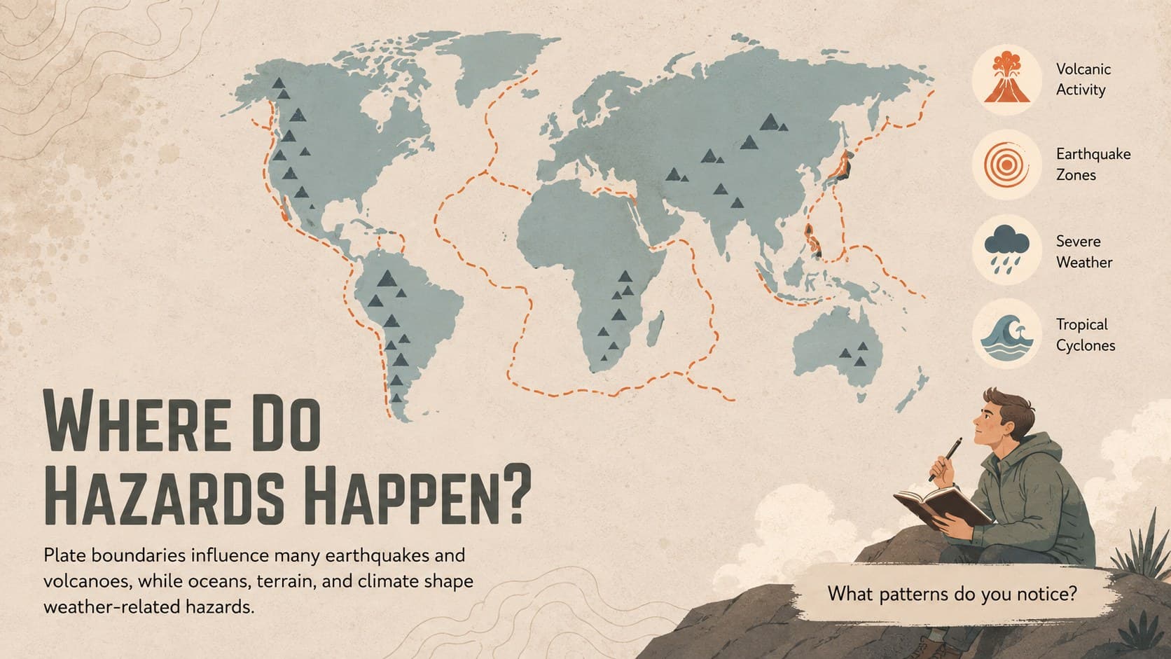 Earth hazards presentation for students with a world map of common hazard zones.