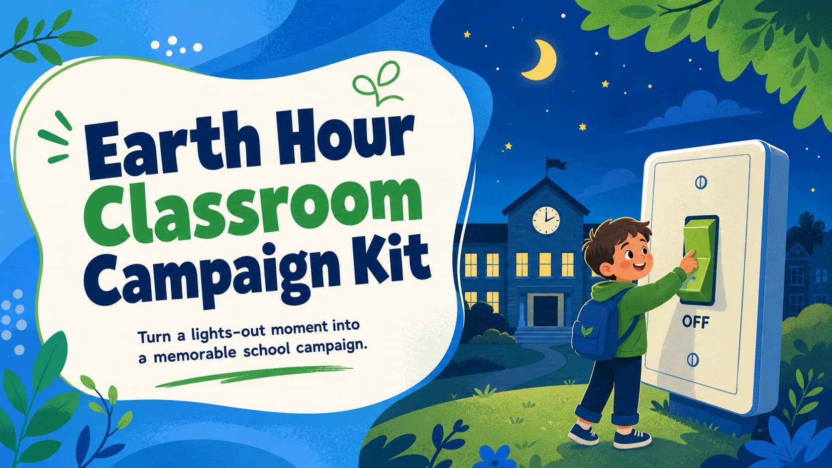Cover of the Earth Hour classroom campaign kit with playful planet, light switch, and nighttime school illustrations.