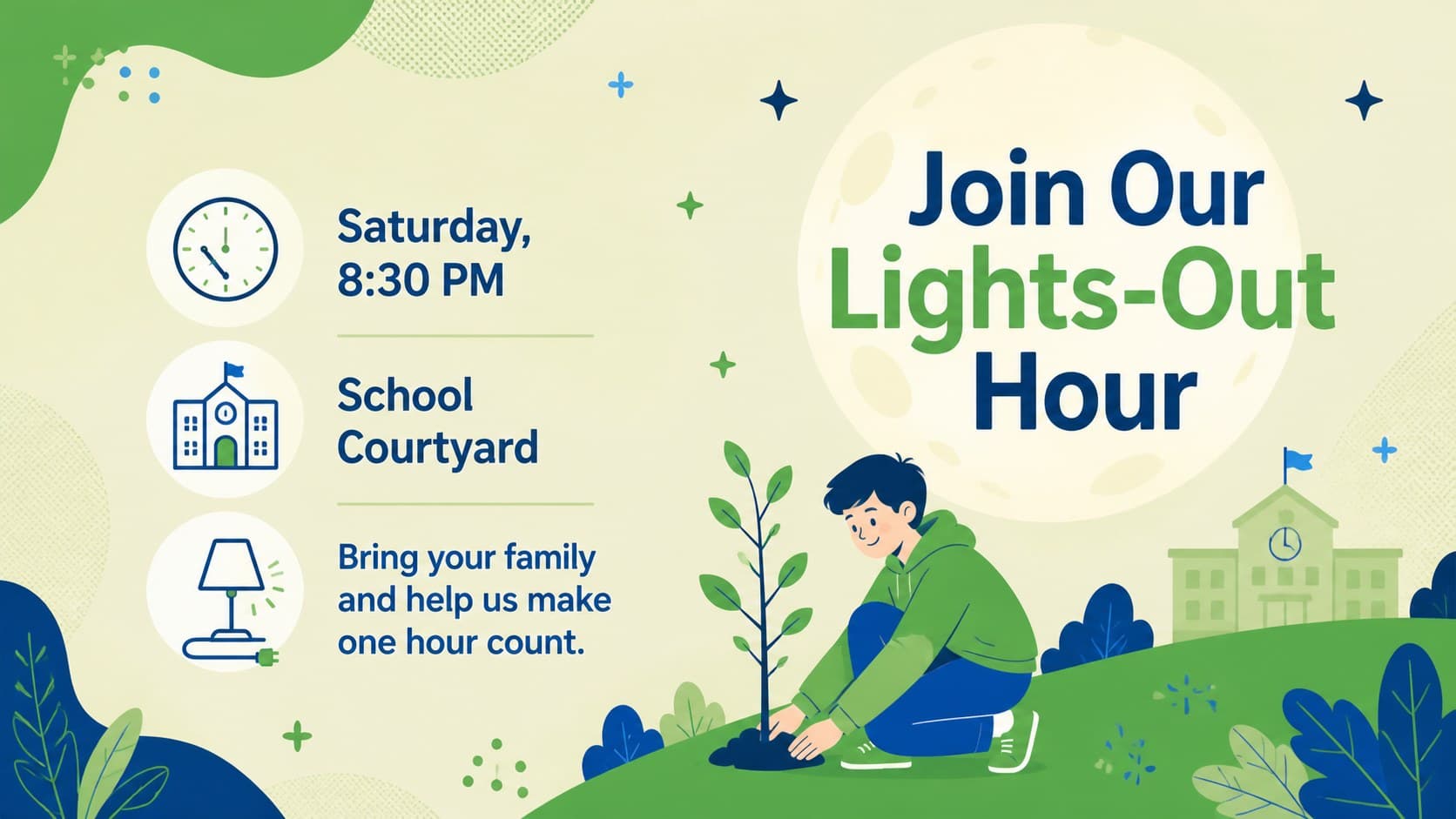 Editable lights-out event poster template with spaces for a school date, time, location, and participation details.