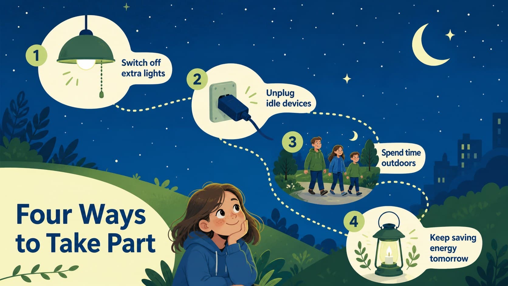 Environmental awareness classroom display featuring a four-step Earth Hour action checklist for students.