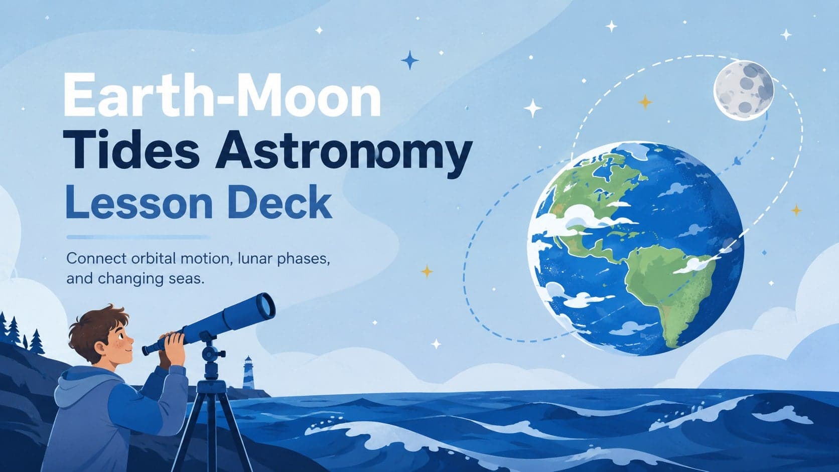 Blue-grey cover for an Earth-Moon tides astronomy lesson deck with original celestial and ocean illustrations.