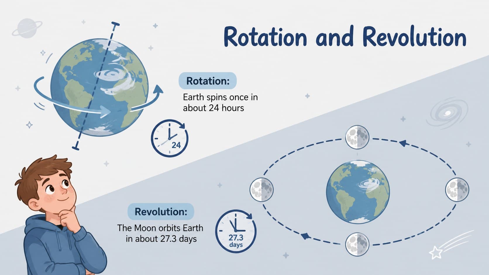 Science lesson slide comparing Earth's rotation with the Moon's revolution in orbit.