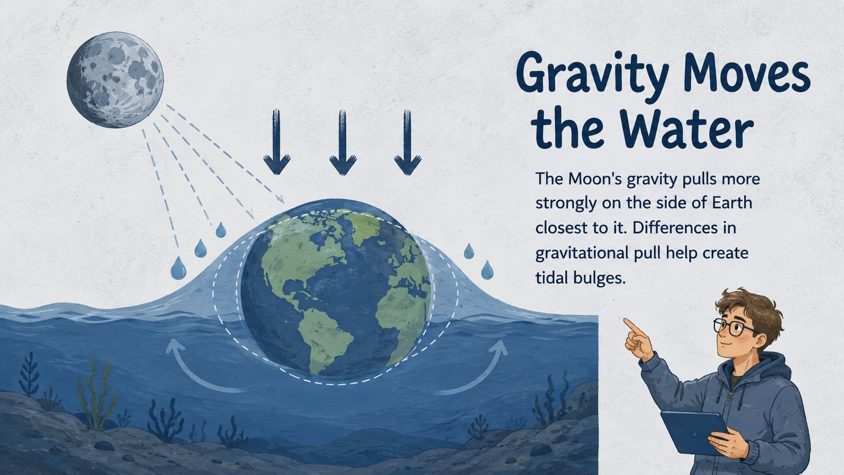 Earth and Moon gravity teaching slide explaining how gravitational pull affects ocean water.