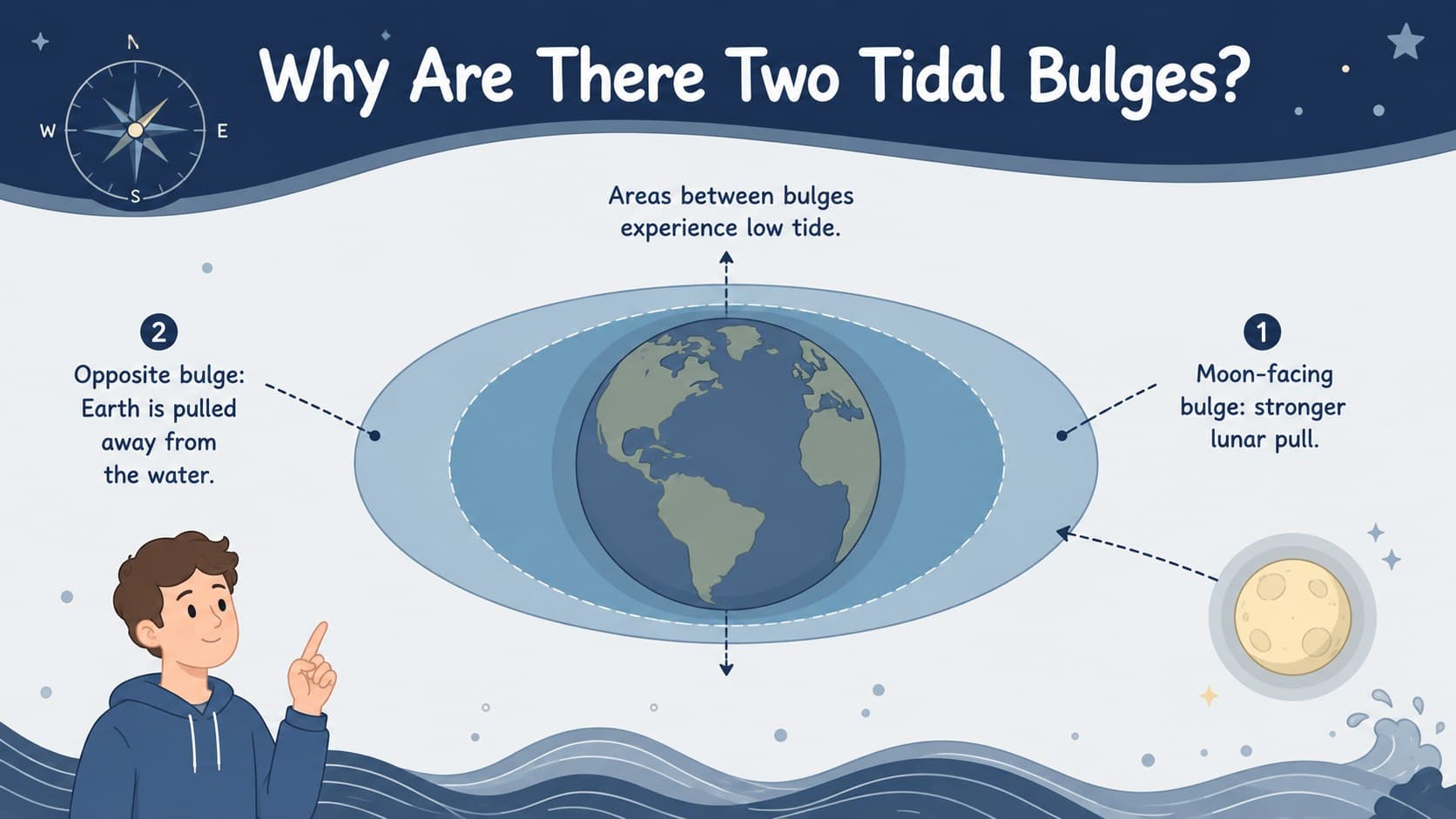 Ocean tides classroom slide diagramming two tidal bulges on opposite sides of Earth.