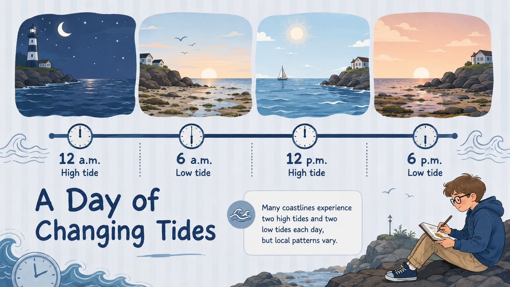 Daily tide pattern timeline showing alternating high and low tides along a coast.
