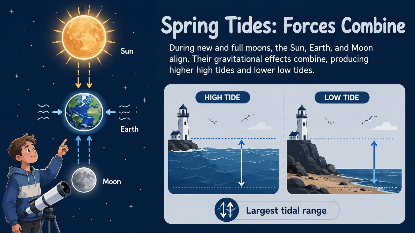 Spring tides lesson slide showing aligned Sun, Earth, and Moon positions with a large tidal range.