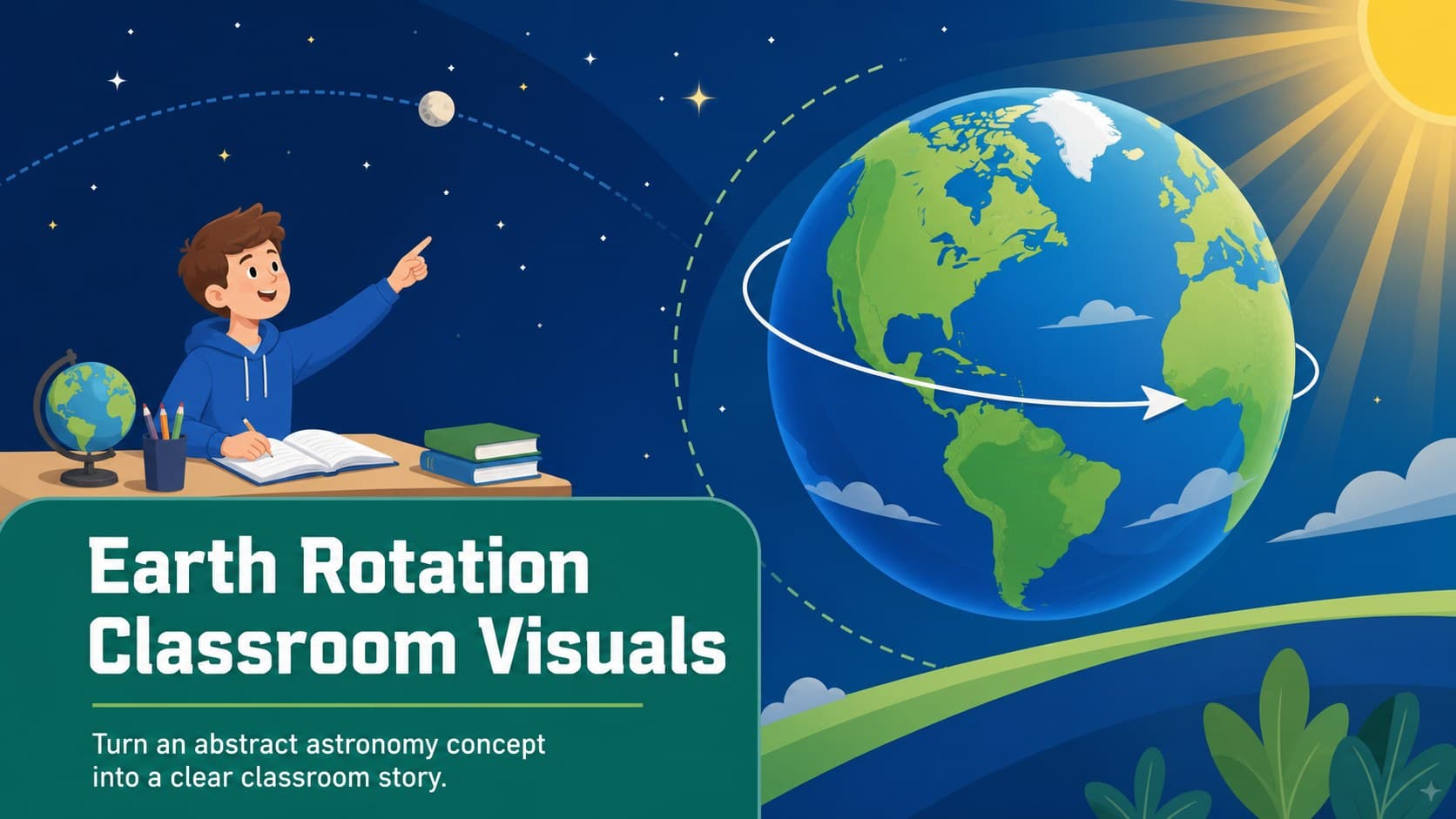 Cover for Earth Rotation Classroom Visuals featuring an illustrated planet in a blue-and-green astronomy setting.