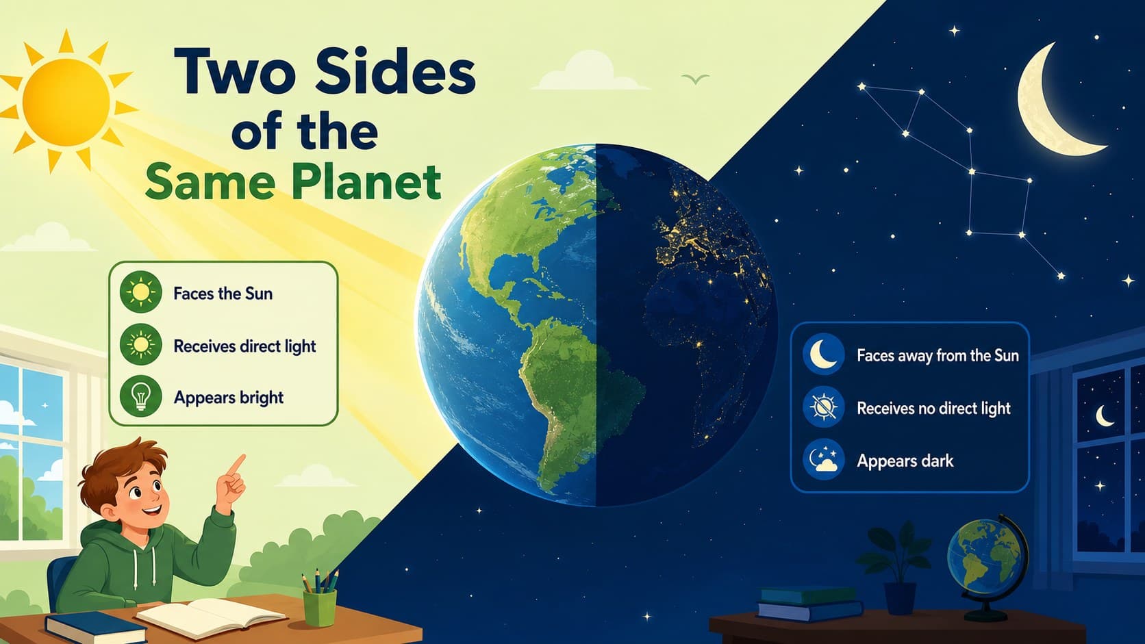 Day and night lesson presentation slide comparing Earth's illuminated and shadowed hemispheres.