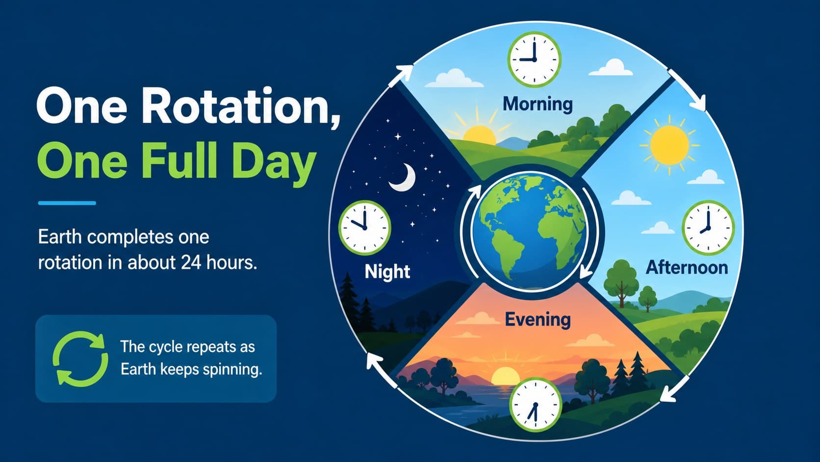 Elementary Earth science slide illustrating four stages in the planet's 24-hour rotation cycle.