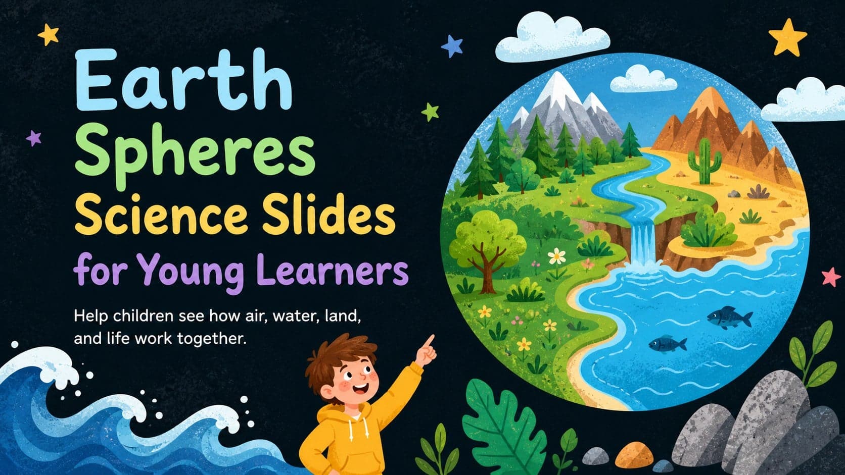 Cover for Earth spheres science slides for young learners with colorful illustrations of air, water, land, and living things.