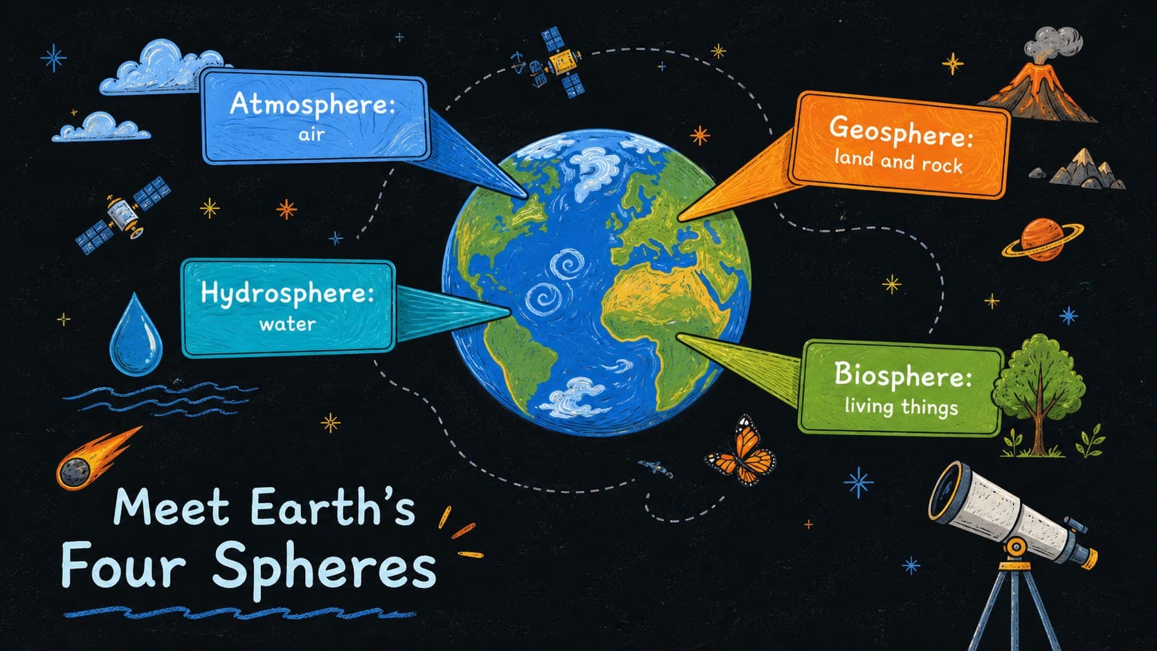 Four spheres of Earth lesson deck overview showing atmosphere, hydrosphere, geosphere, and biosphere.