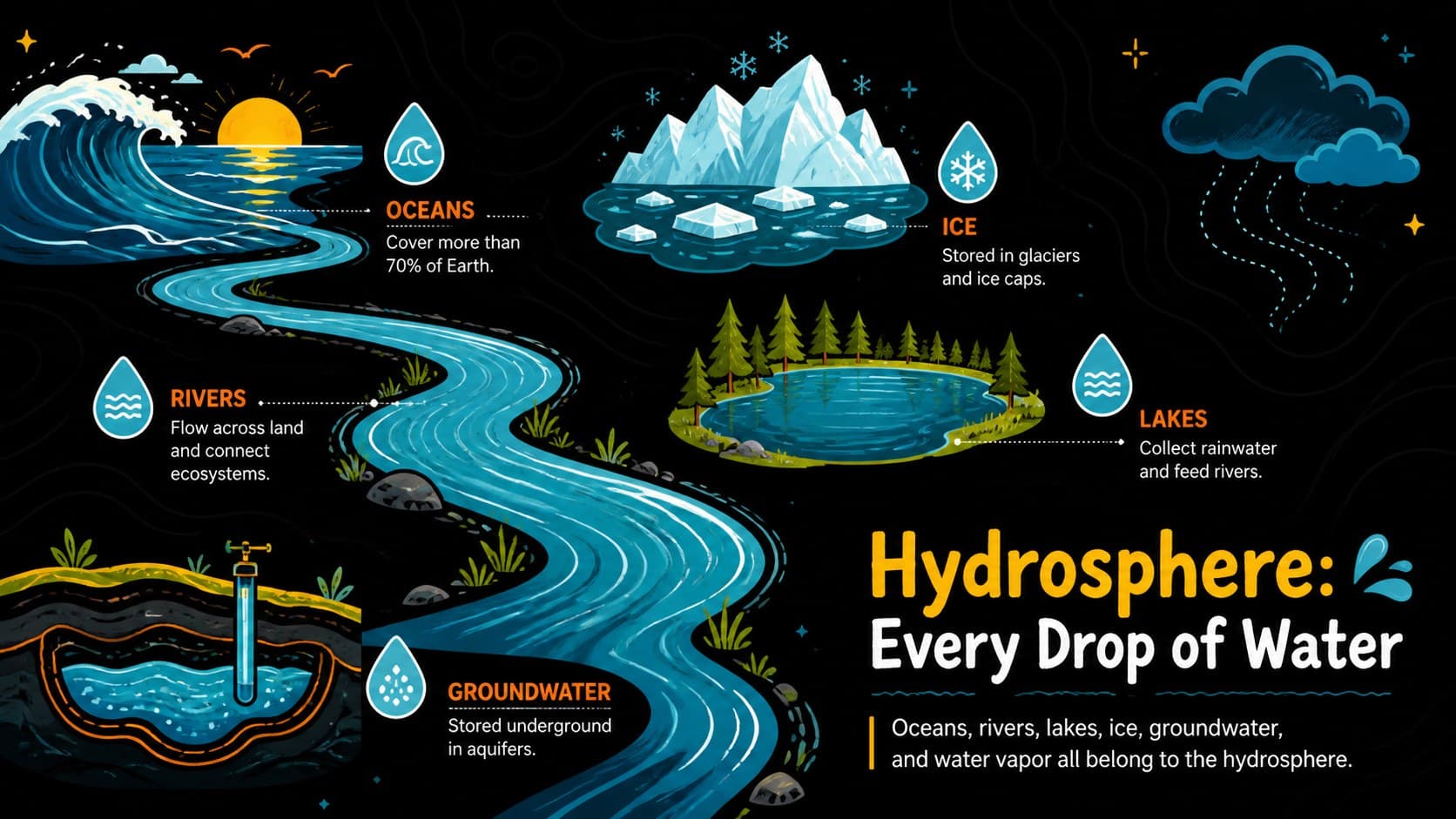 Hydrosphere classroom slide featuring oceans, rivers, lakes, ice, and groundwater as forms of Earth's water.