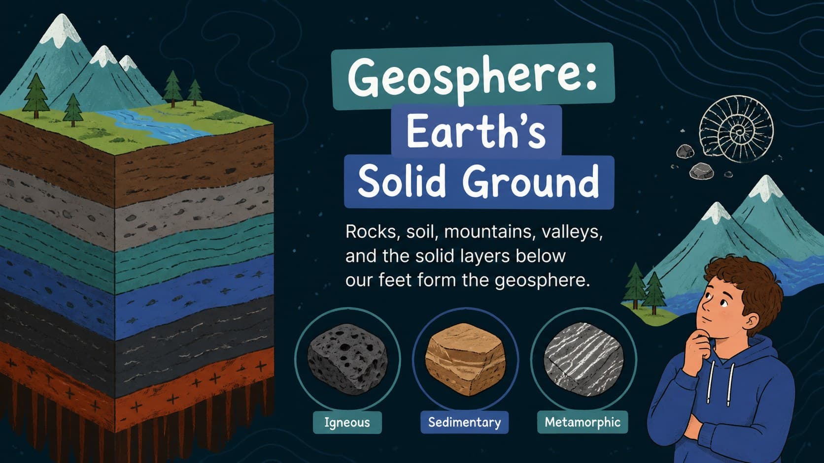 Geosphere science slide showing soil, rocks, mountains, and Earth's solid ground in a colorful cross-section.