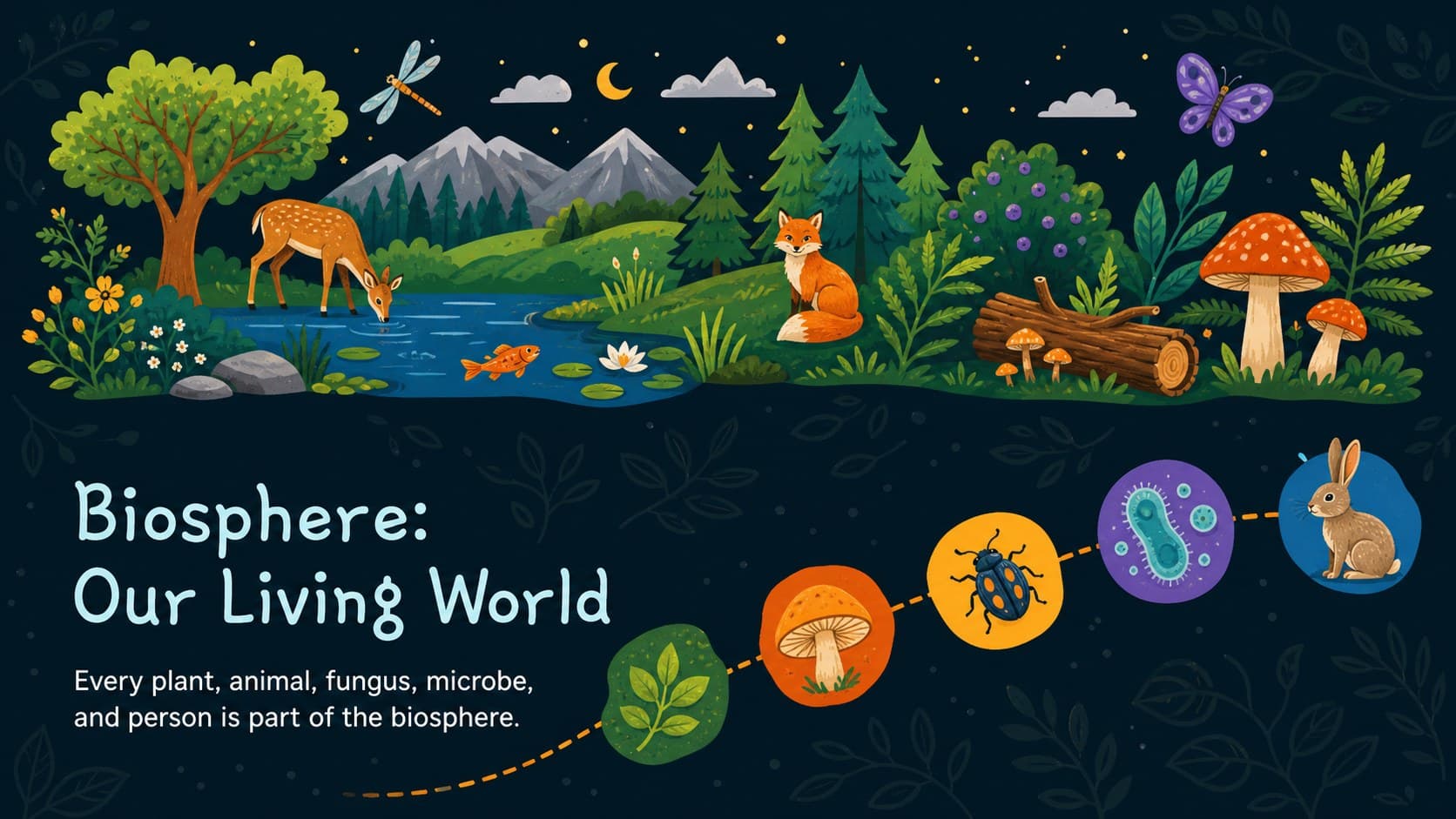 Biosphere lesson slide illustrating plants, animals, and people as living parts of Earth's systems.