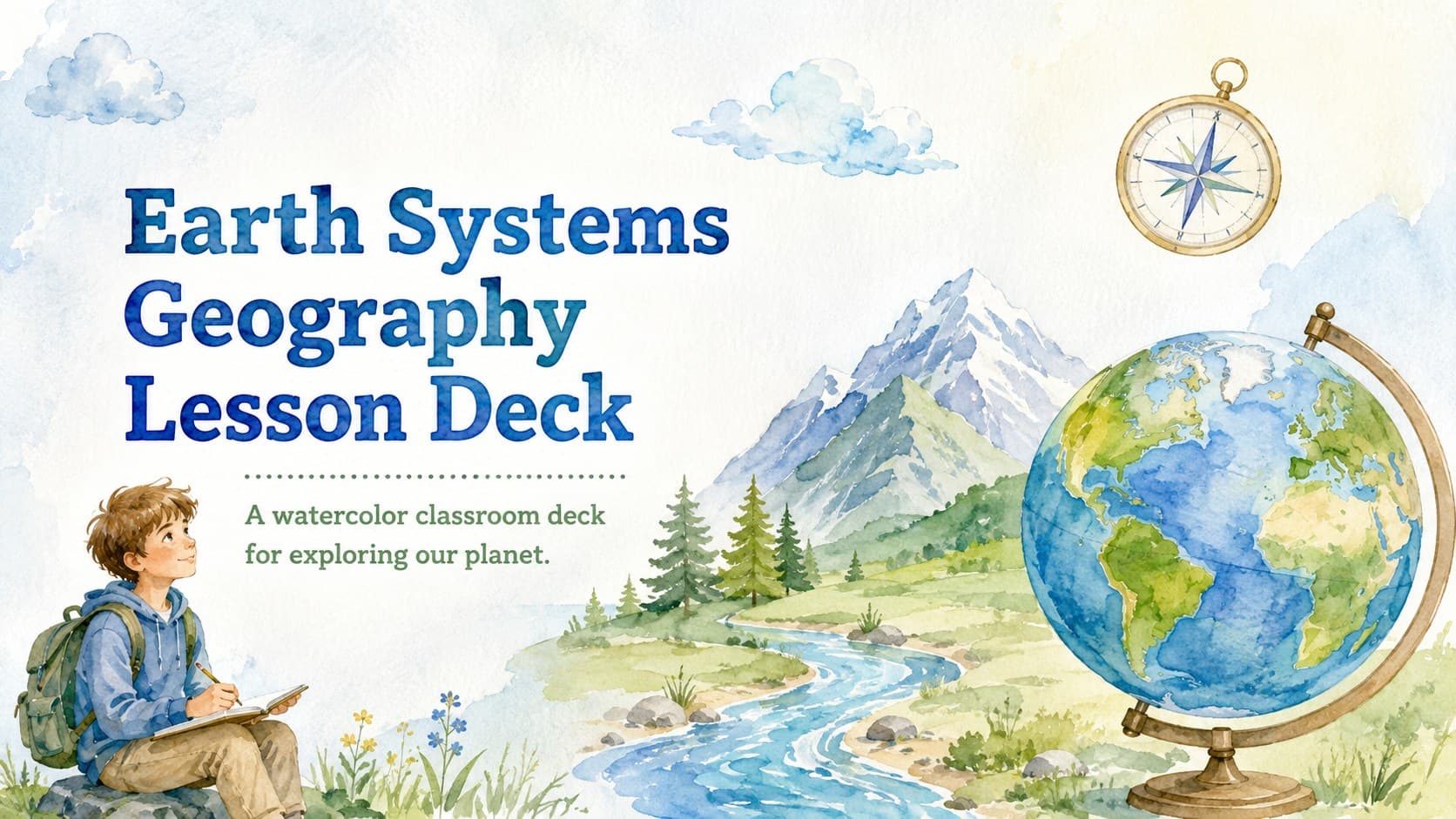 Watercolor cover for an Earth Systems Geography Lesson Deck with a globe, oceans, clouds, and landforms.