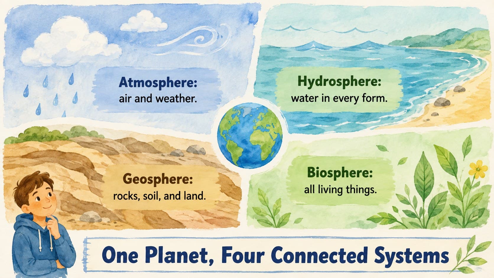 Watercolor Earth science presentation slide introducing the atmosphere, hydrosphere, geosphere, and biosphere.