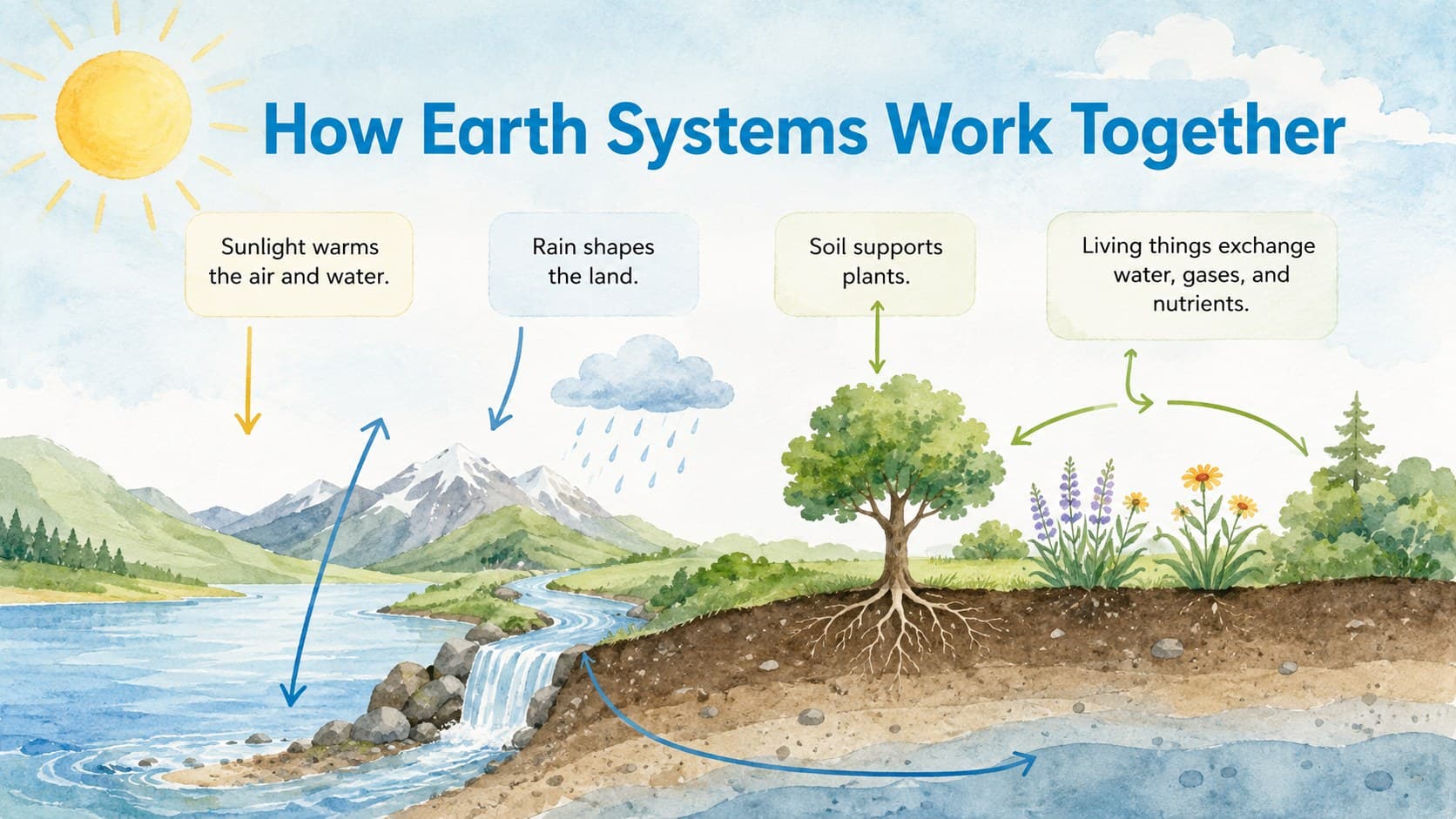 Illustrated physical geography slide showing how Earth's four natural systems interact.