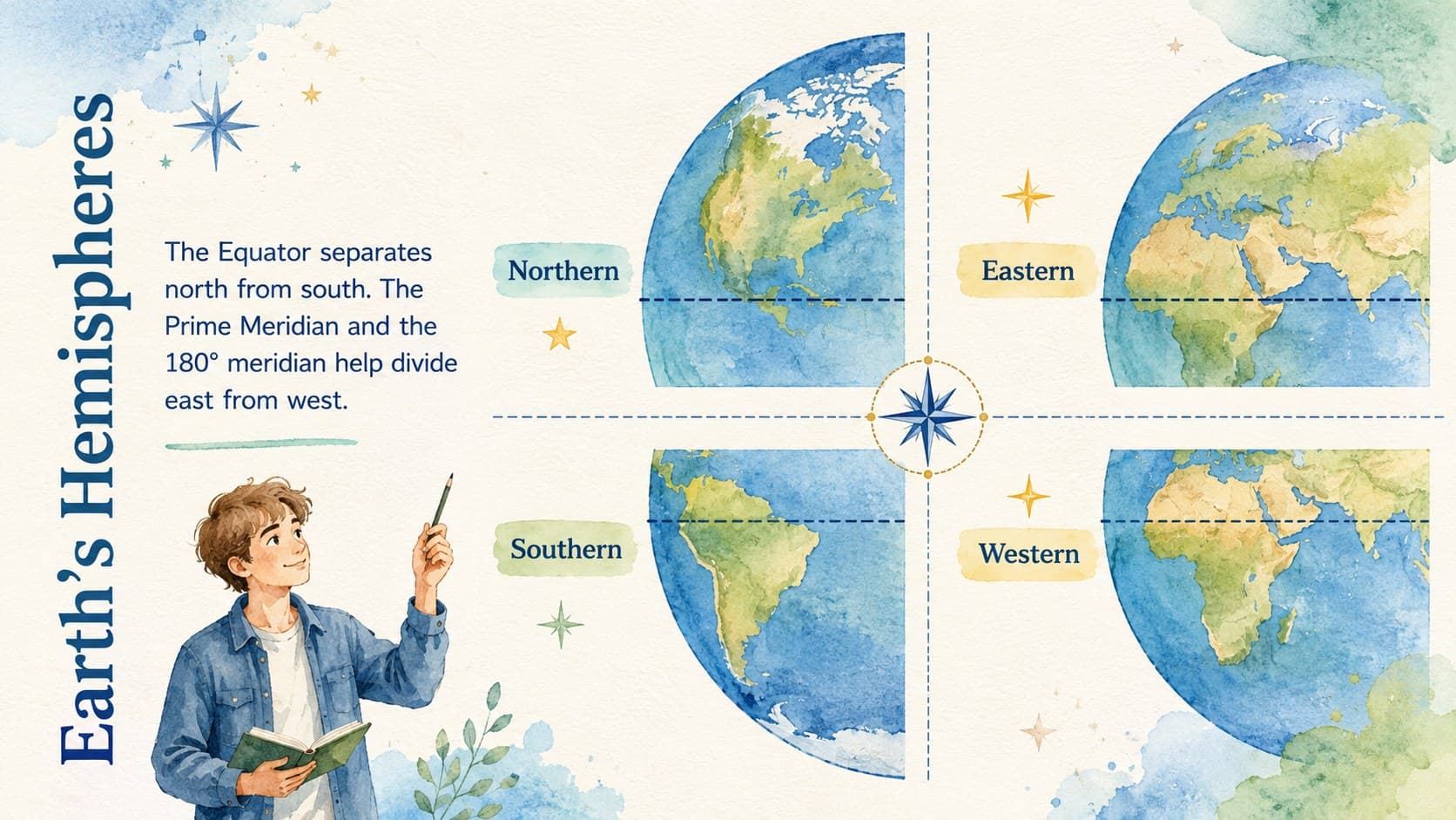 Earth systems geography lesson slide comparing the Northern, Southern, Eastern, and Western Hemispheres.
