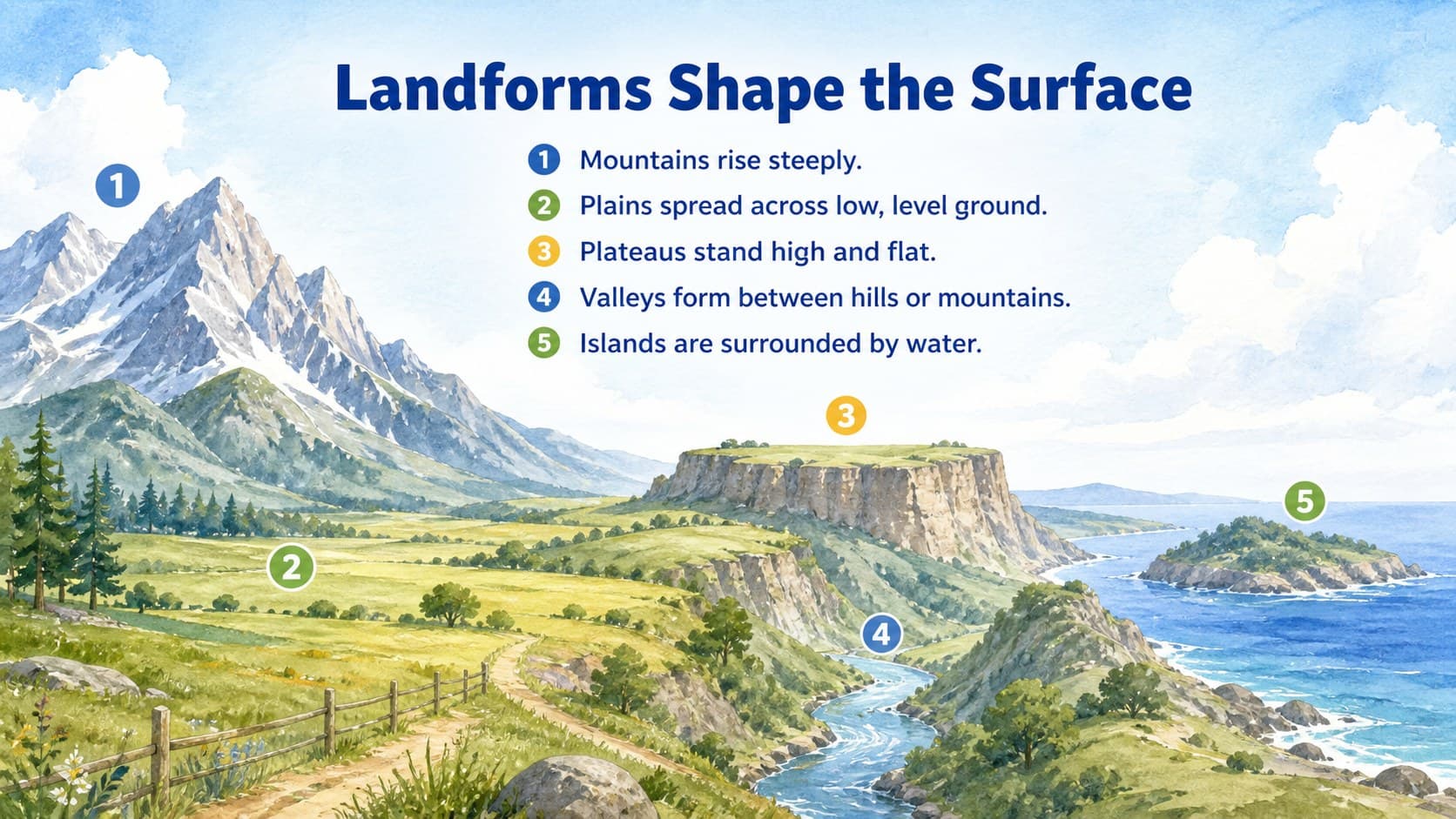 Physical geography classroom slide comparing mountains, plains, plateaus, valleys, and islands.